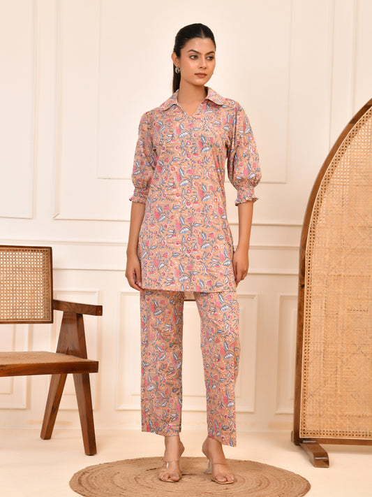 Hand Block Women's Printed Cotton Tunic & Pant Set |  Puff Sleeve Tunic & Trouser