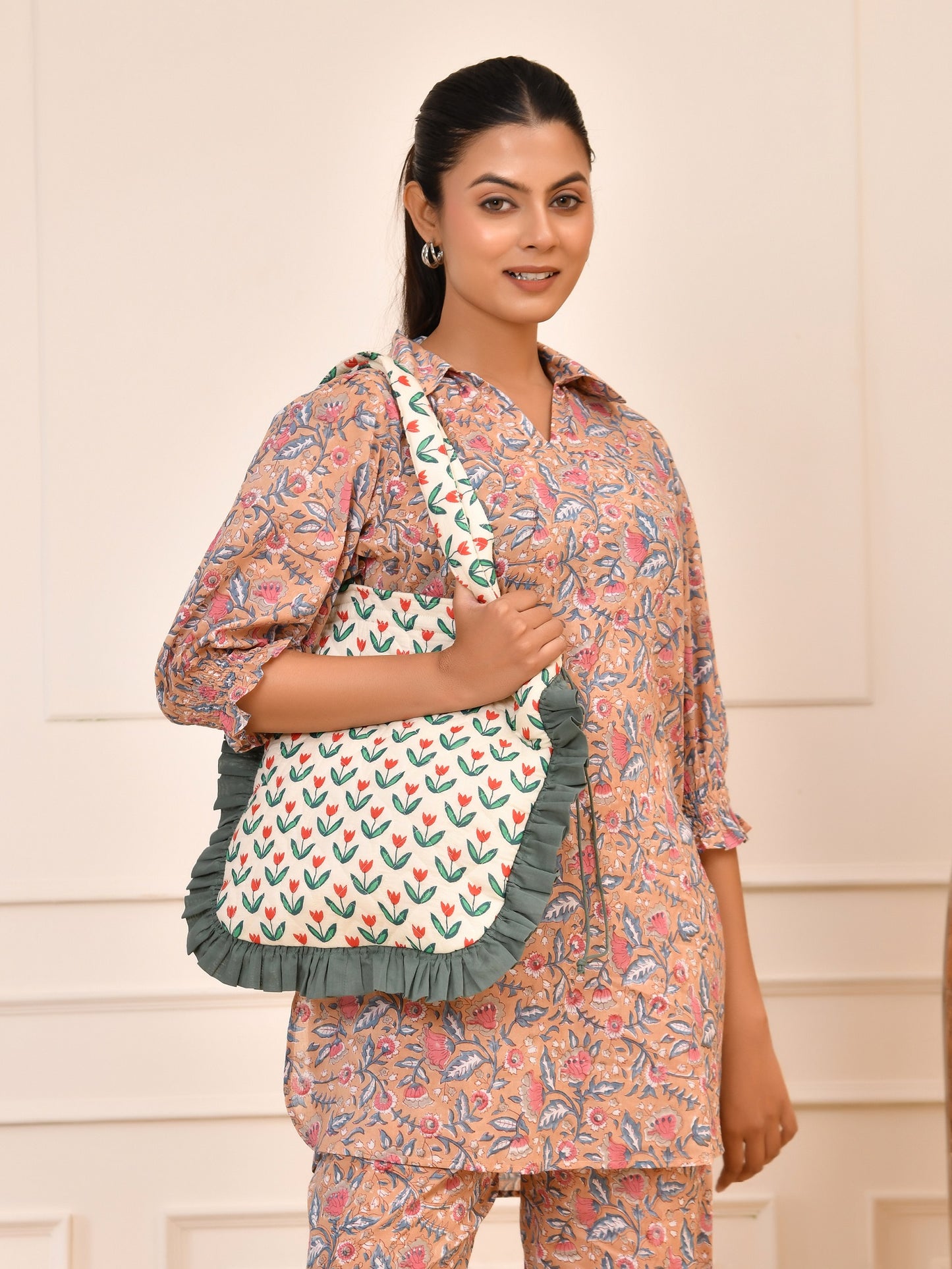 Hand Block Women's Printed Cotton Tunic & Pant Set | Puff Sleeve Tunic & Trouser