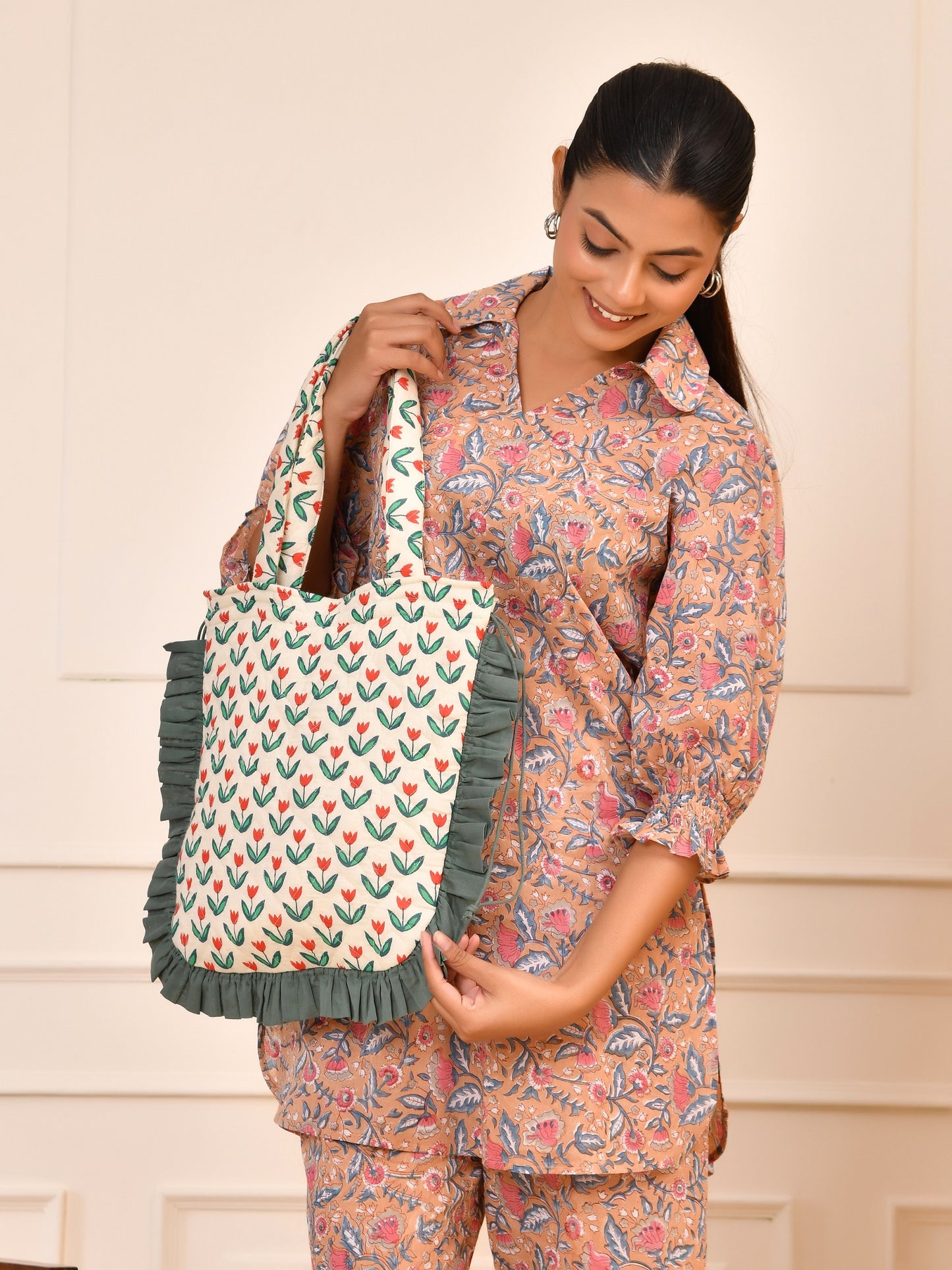 Hand Block Women's Printed Cotton Tunic & Pant Set | Puff Sleeve Tunic & Trouser