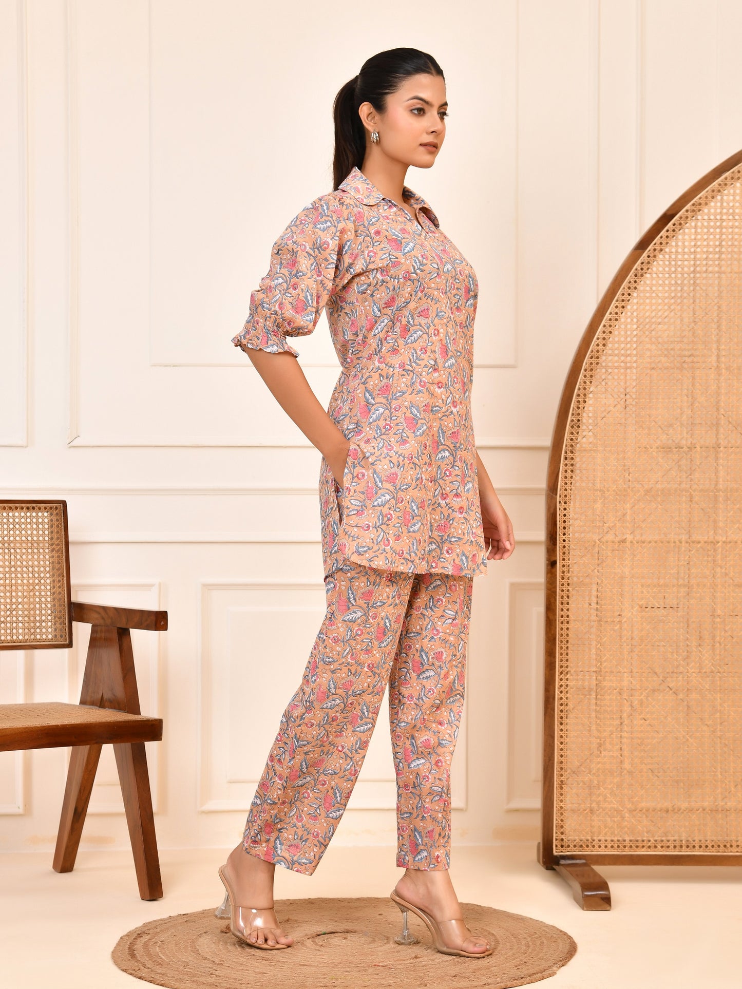 Hand Block Women's Printed Cotton Tunic & Pant Set | Puff Sleeve Tunic & Trouser