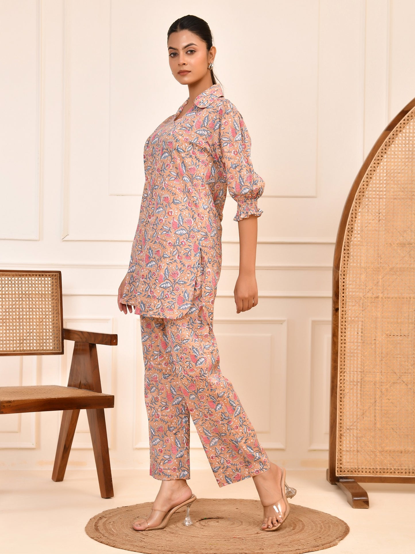 Hand Block Women's Printed Cotton Tunic & Pant Set | Puff Sleeve Tunic & Trouser