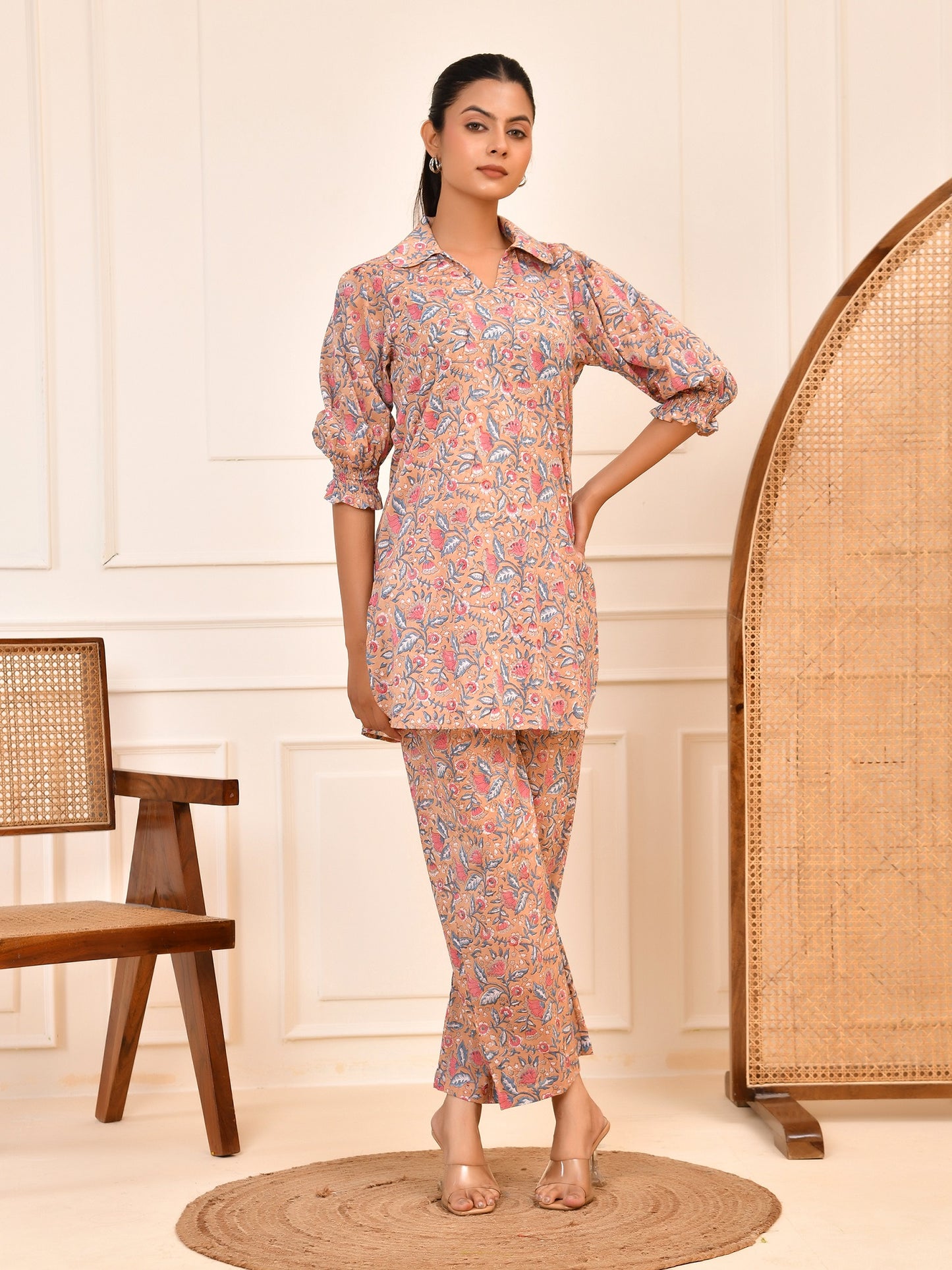 Hand Block Women's Printed Cotton Tunic & Pant Set | Puff Sleeve Tunic & Trouser