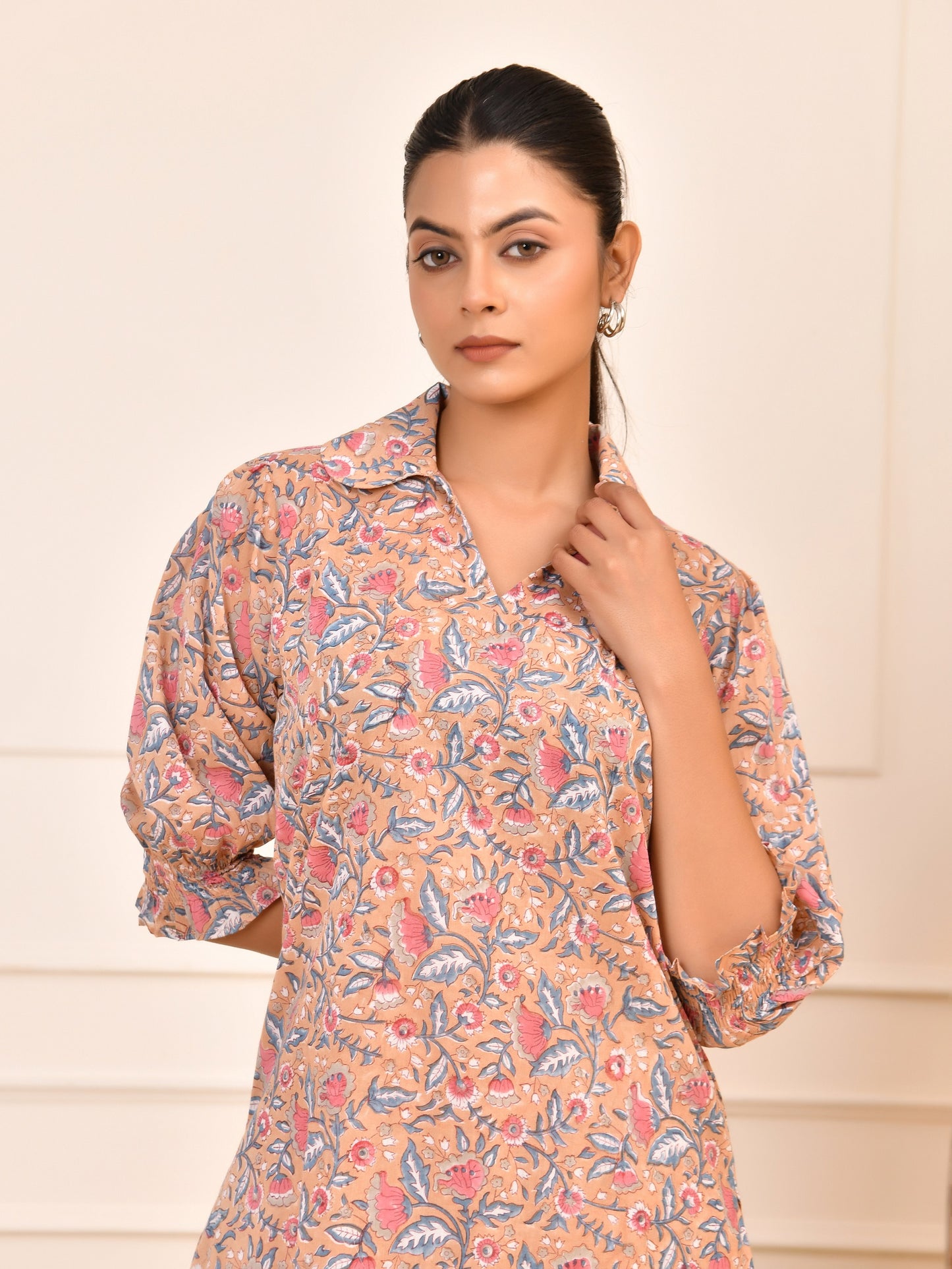 Hand Block Women's Printed Cotton Tunic & Pant Set | Puff Sleeve Tunic & Trouser