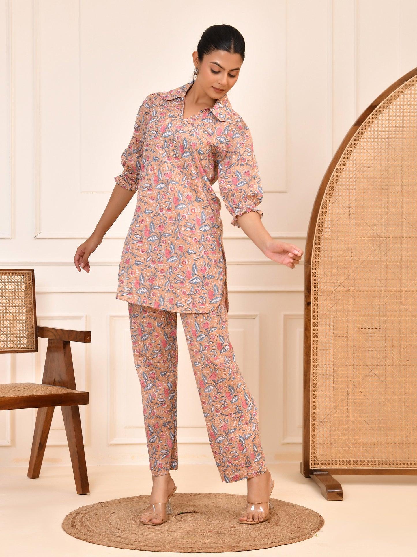 Hand Block Women's Printed Cotton Tunic & Pant Set | Puff Sleeve Tunic & Trouser