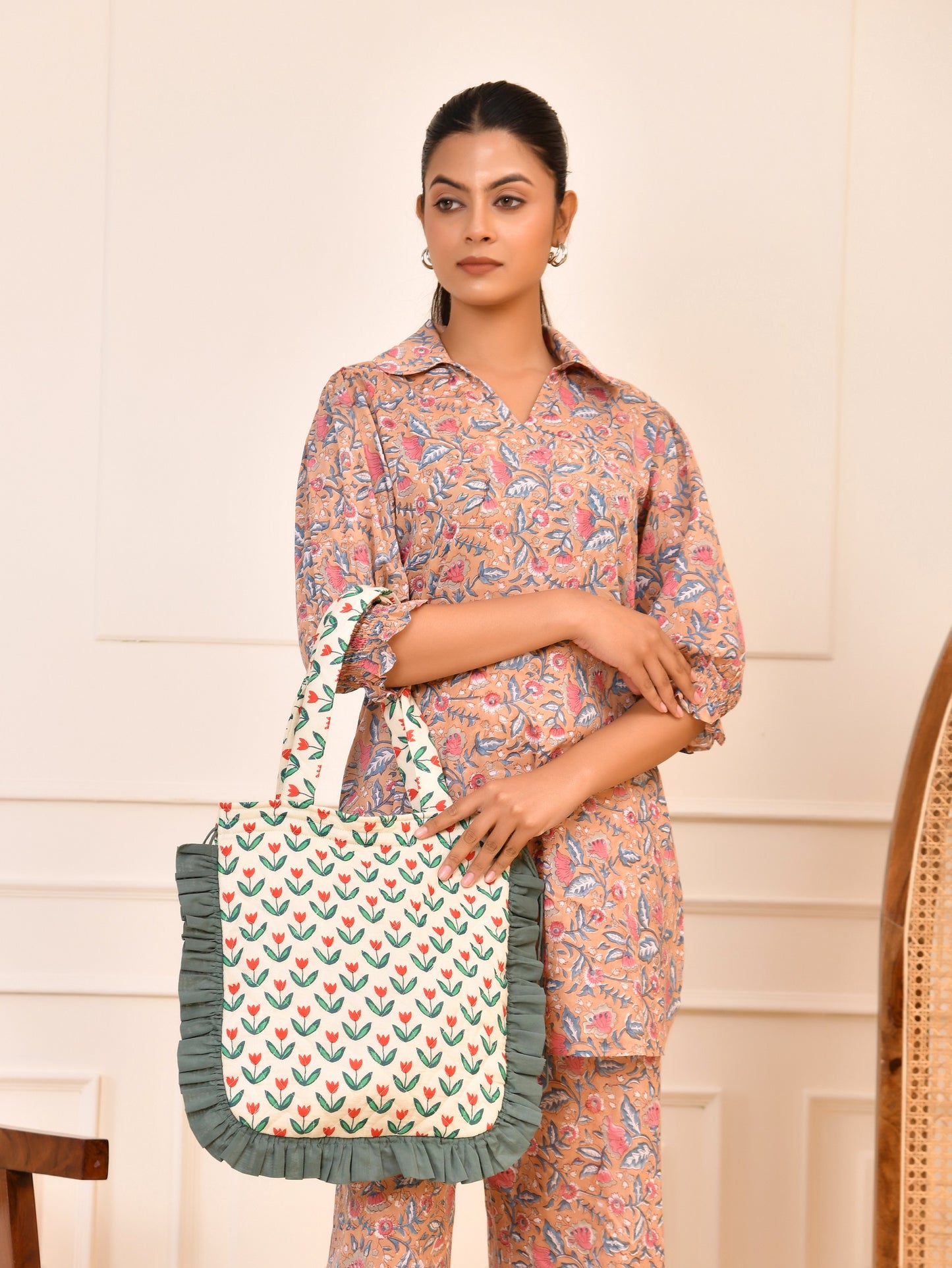 Hand Block Women's Printed Cotton Tunic & Pant Set | Puff Sleeve Tunic & Trouser