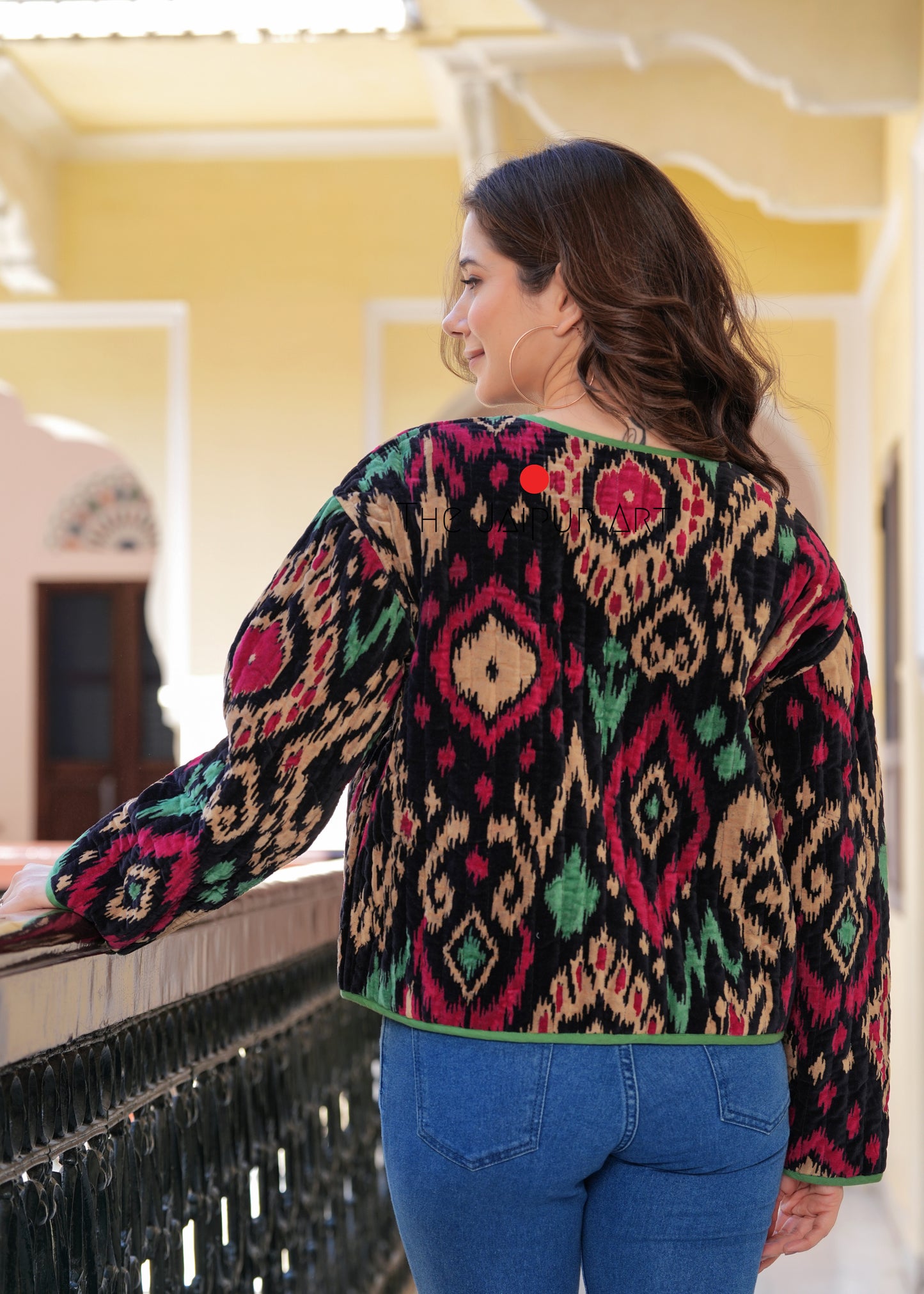 Women’s Quilted Jacket in Velvet with Ikat Print