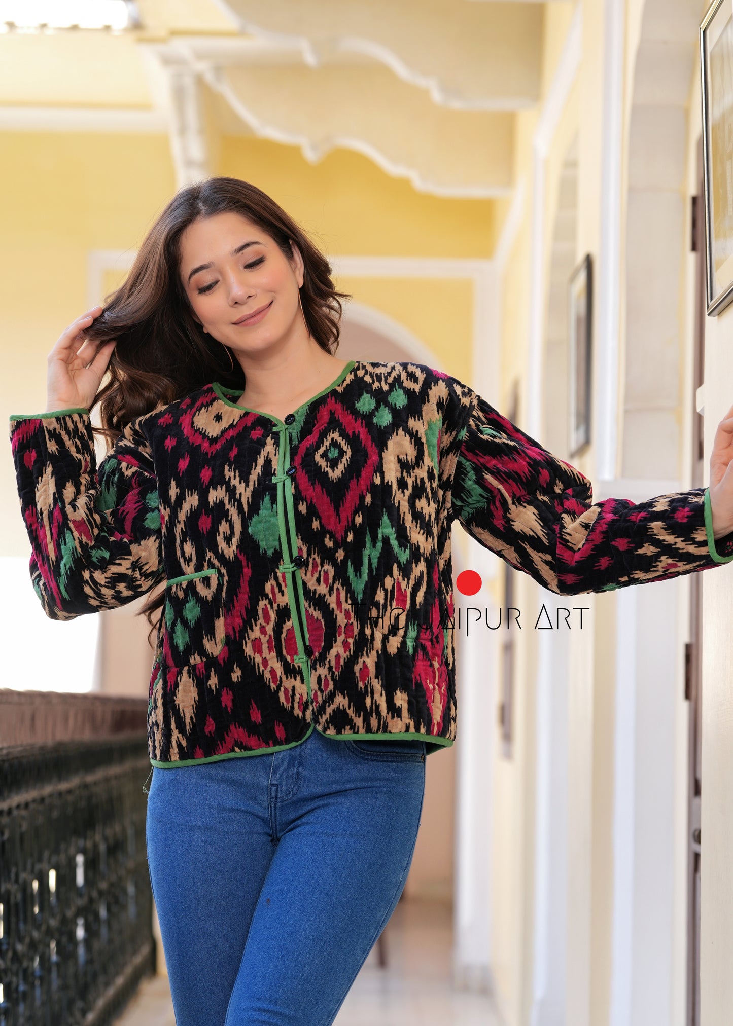 Women’s Quilted Jacket in Velvet with Ikat Print