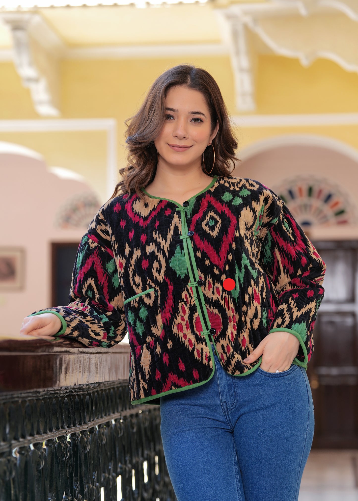 Women’s Quilted Jacket in Velvet with Ikat Print