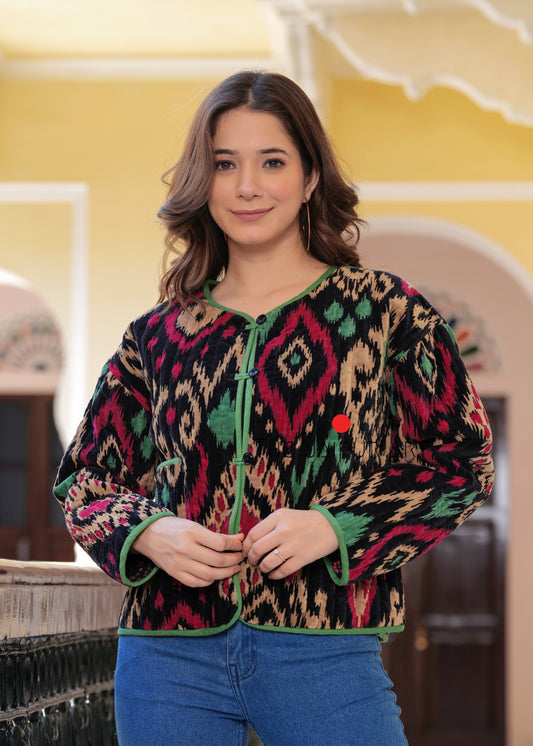 Women’s Quilted Jacket in Velvet with Ikat Print