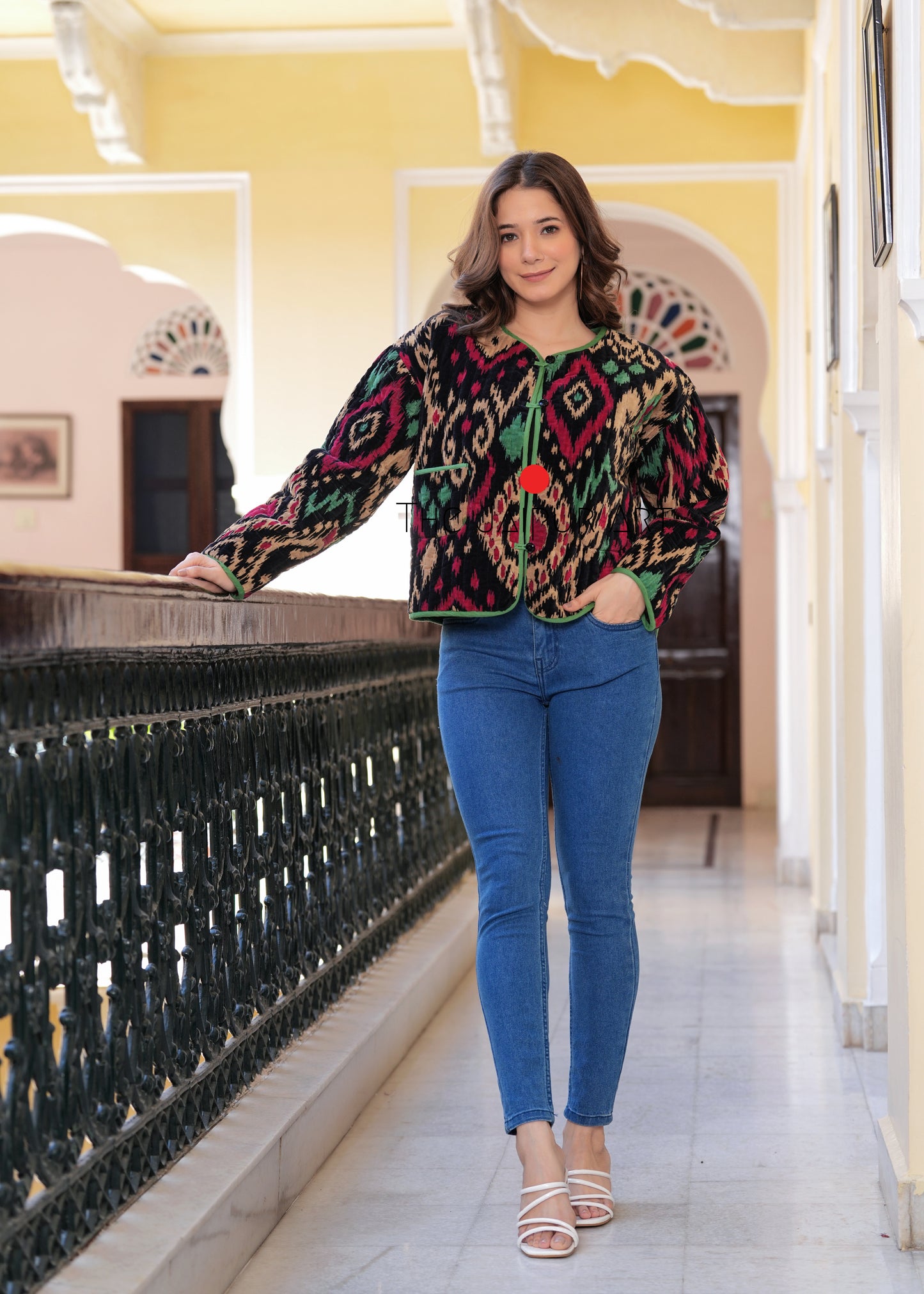 Women’s Quilted Jacket in Velvet with Ikat Print