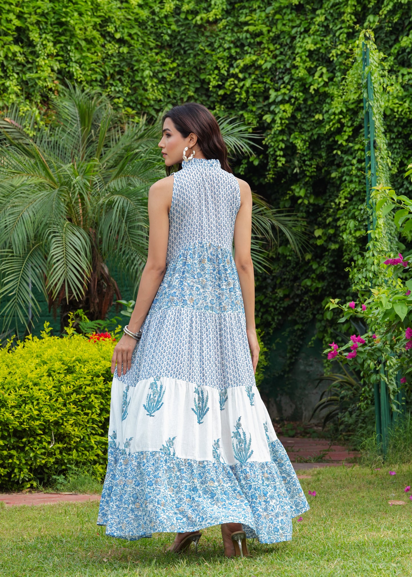 Hand block Printed Blue White Floral tiered Midi Dress