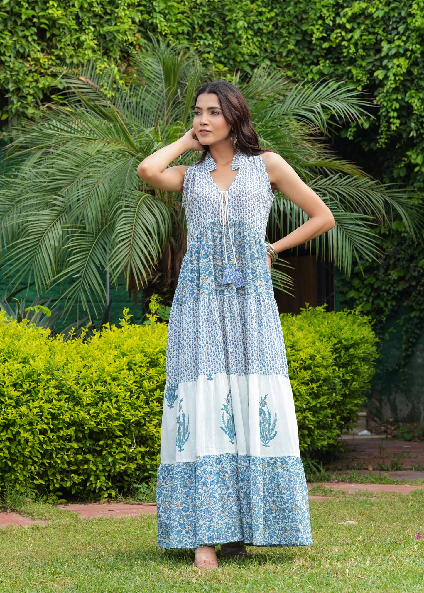 Hand block Printed Blue White Floral tiered Midi Dress