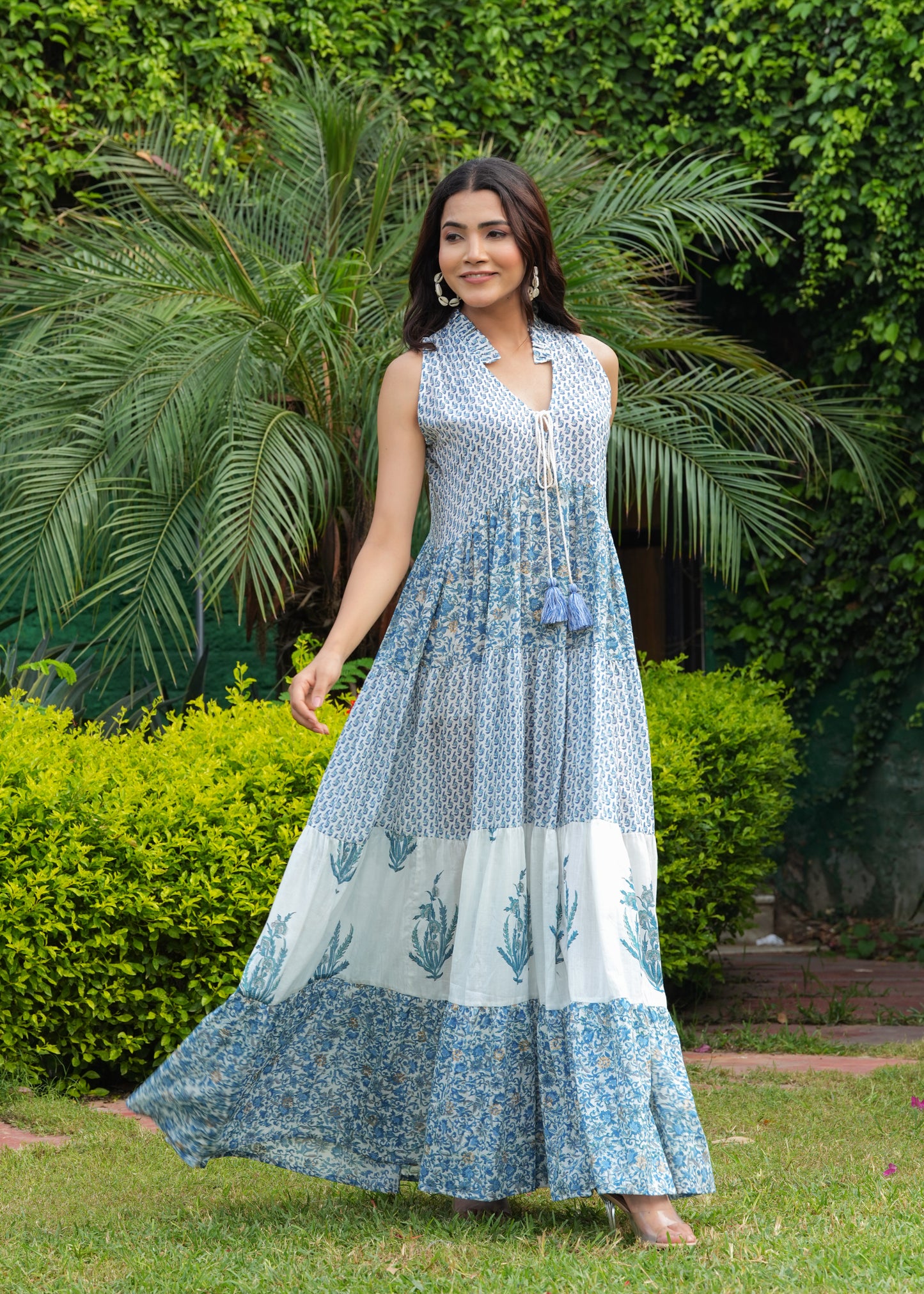 Hand block Printed Blue White Floral tiered Midi Dress