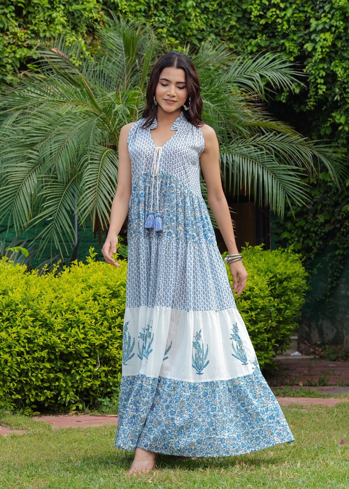 Hand block Printed Blue White Floral tiered Midi Dress
