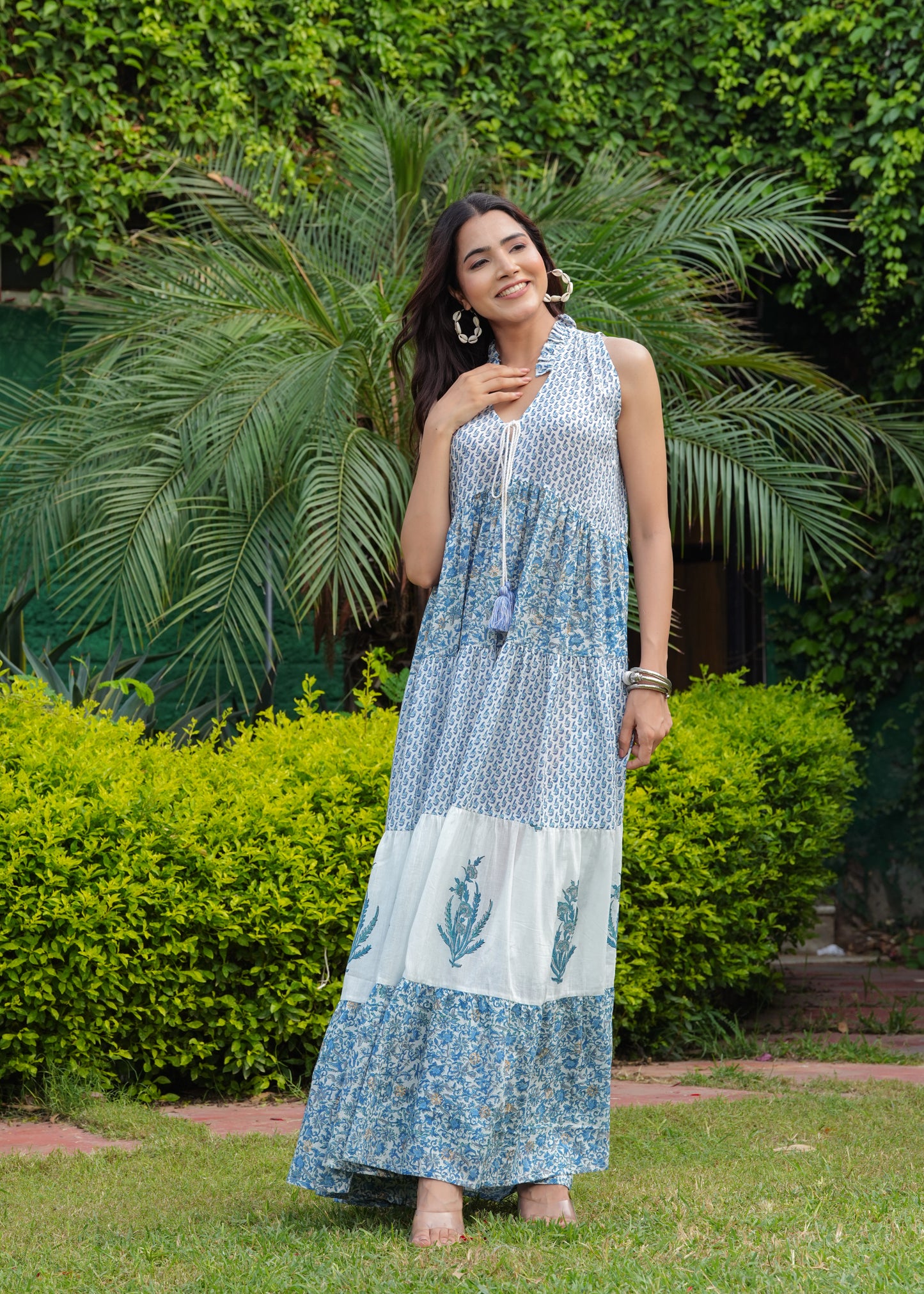 Hand block Printed Blue White Floral tiered Midi Dress