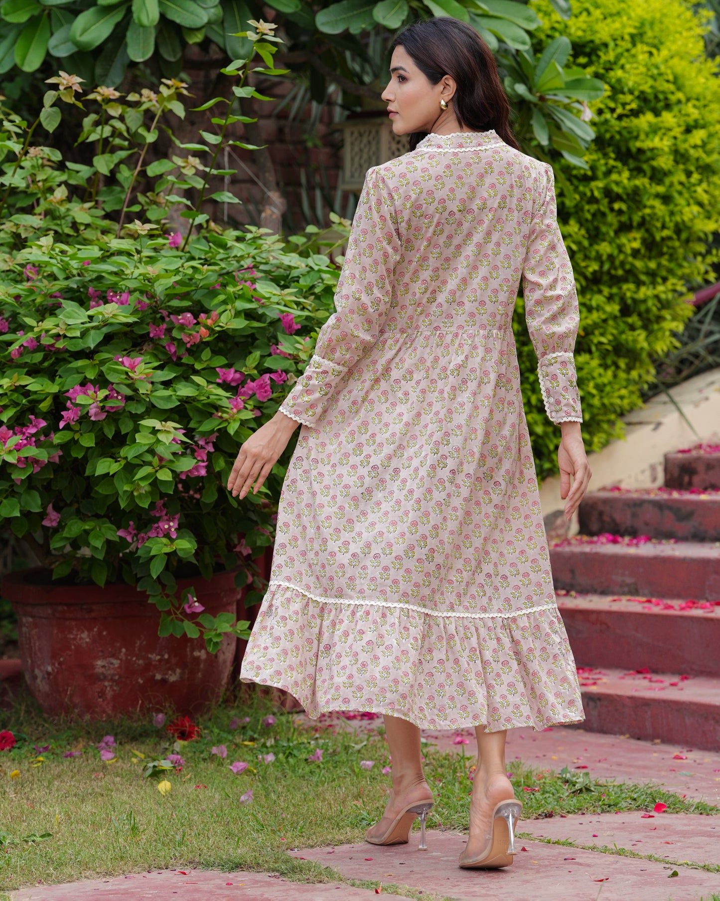 Hand Block Floral Print Full Length sleeves Beautiful handmade Elegant Cotton Beige Bloom Midi Dress