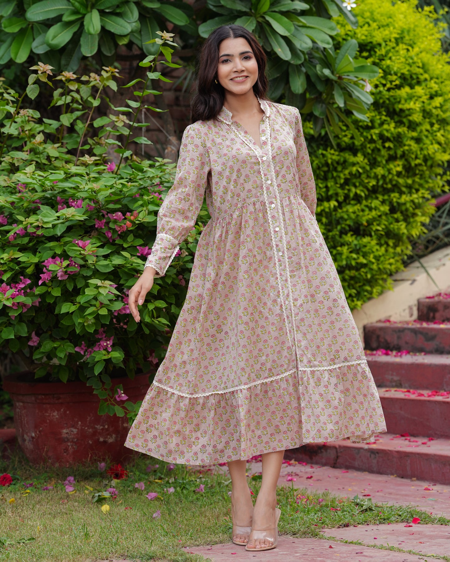 Hand Block Floral Print Full Length sleeves Beautiful handmade Elegant Cotton Beige Bloom Midi Dress