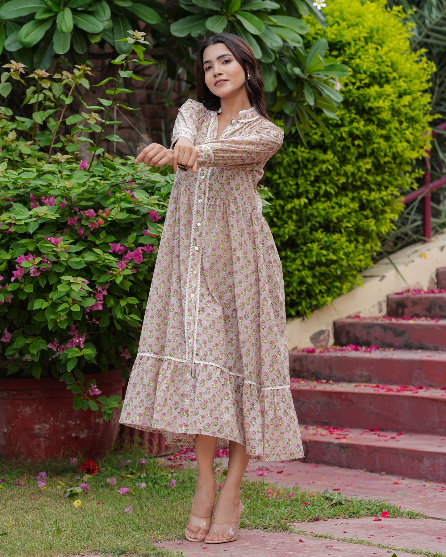 Hand Block Floral Print Full Length sleeves Beautiful handmade Elegant Cotton Beige Bloom Midi Dress