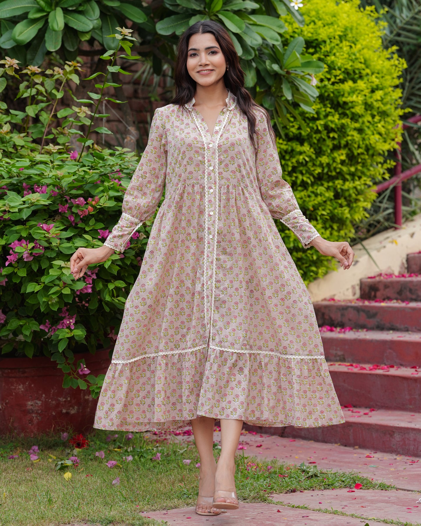 Hand Block Floral Print Full Length sleeves Beautiful handmade Elegant Cotton Beige Bloom Midi Dress