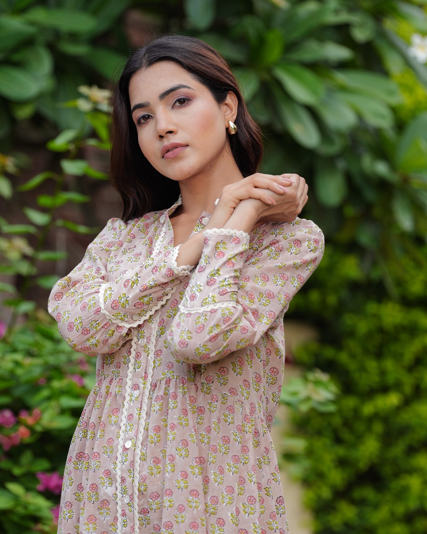 Hand Block Floral Print Full Length sleeves Beautiful handmade Elegant Cotton Beige Bloom Midi Dress