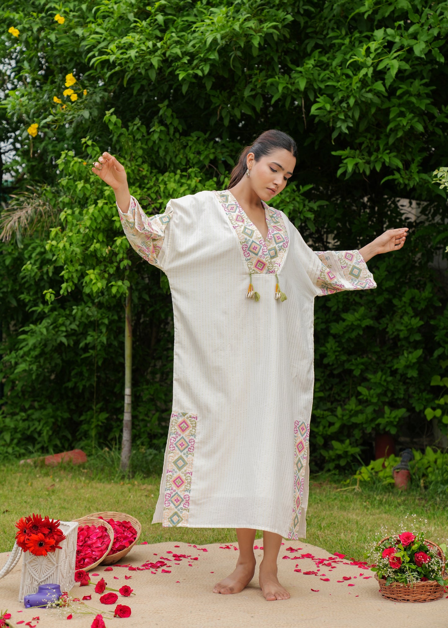 Handmade Pure Cotton Embroidery White Kaftan Style Made in India Best Gift For Her