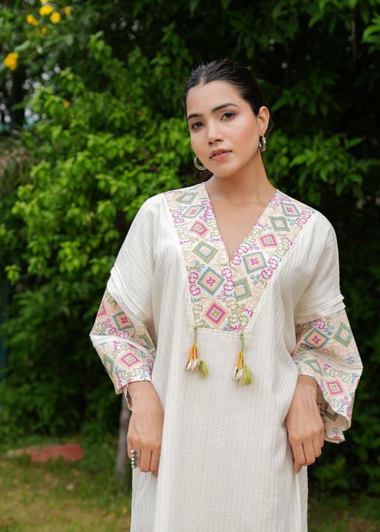 Handmade Pure Cotton Embroidery White Kaftan Style  Made in India Best Gift For Her