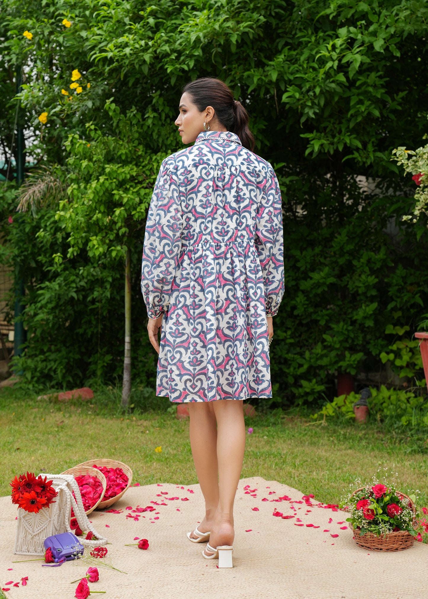 Hand Block Floral Printed Full Sleeves Collared Vintage Boho Handmade Cotton Short Dress