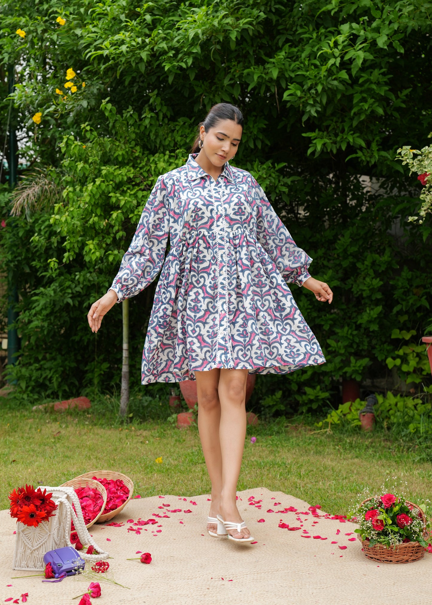 Hand Block Floral Printed Full Sleeves Collared Vintage Boho Handmade Cotton Short Dress