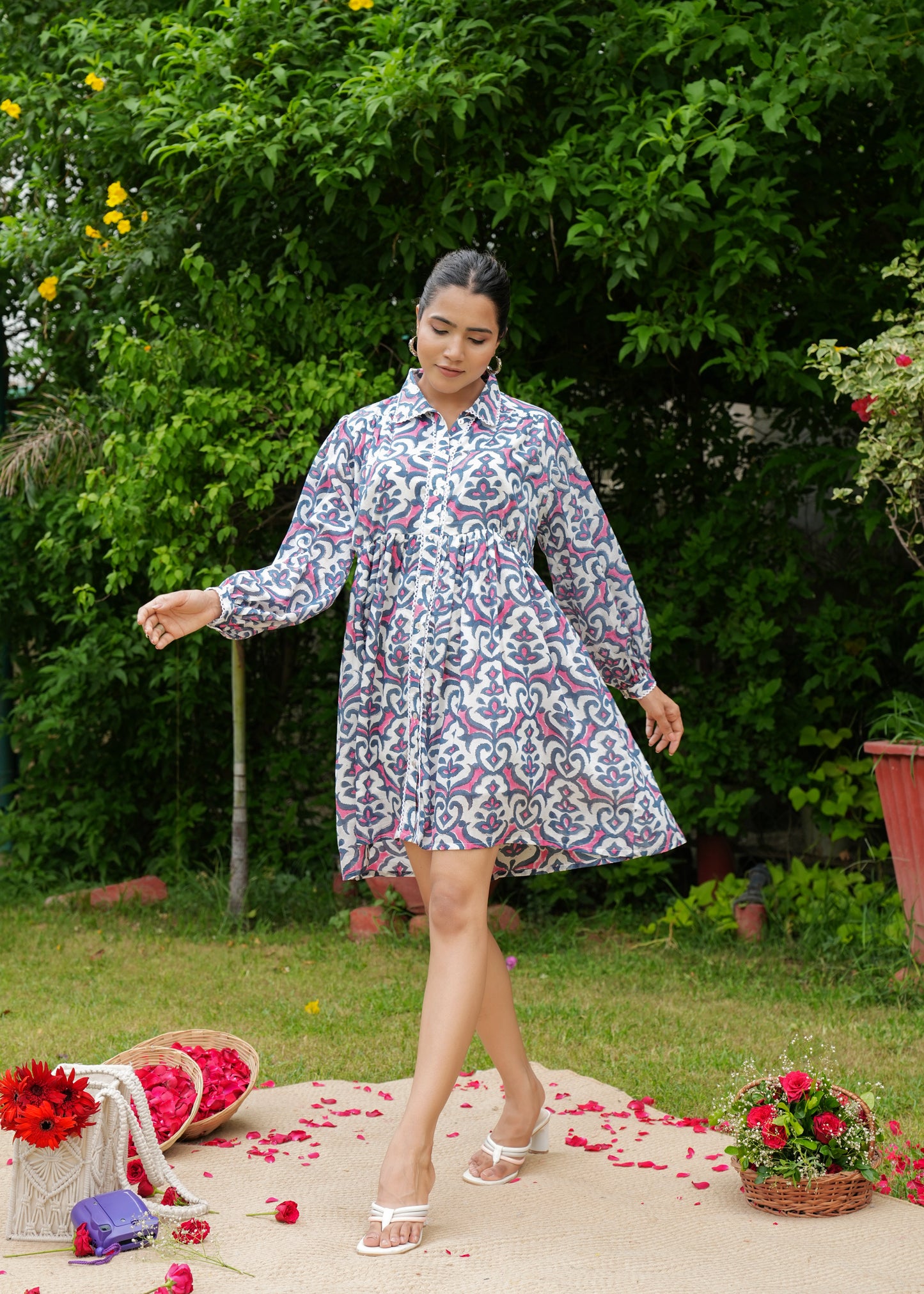 Hand Block Floral Printed Full Sleeves Collared Vintage Boho Handmade Cotton Short Dress