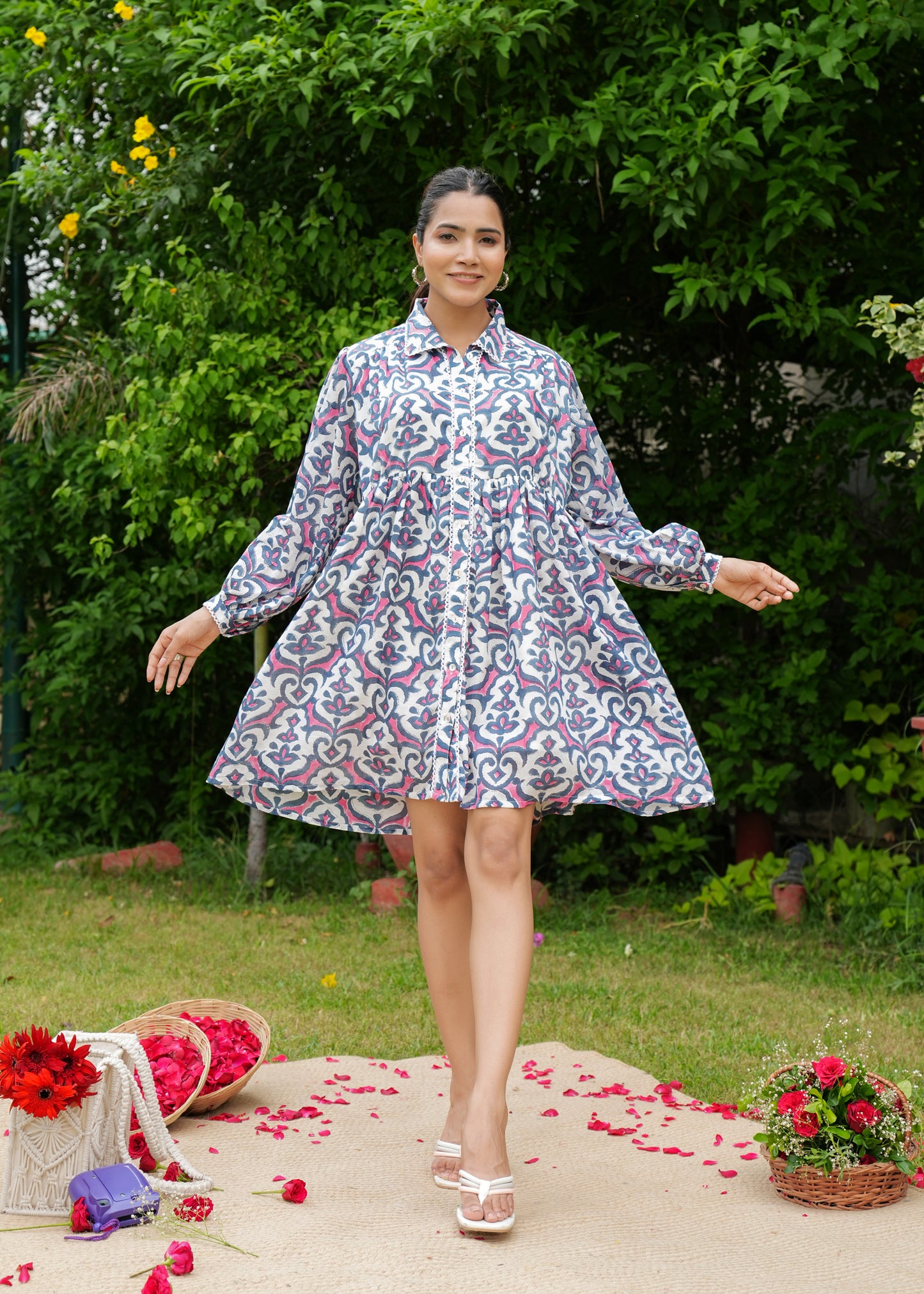 Hand Block Floral Printed Full Sleeves Collared Vintage Boho Handmade Cotton Short Dress