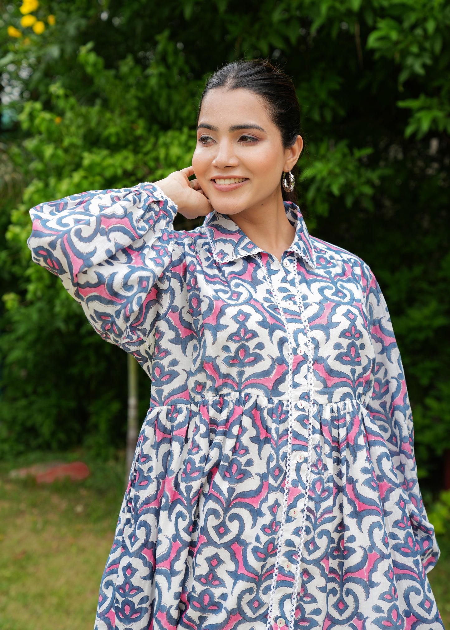 Hand Block Floral Printed Full Sleeves Collared Vintage Boho Handmade Cotton Short Dress