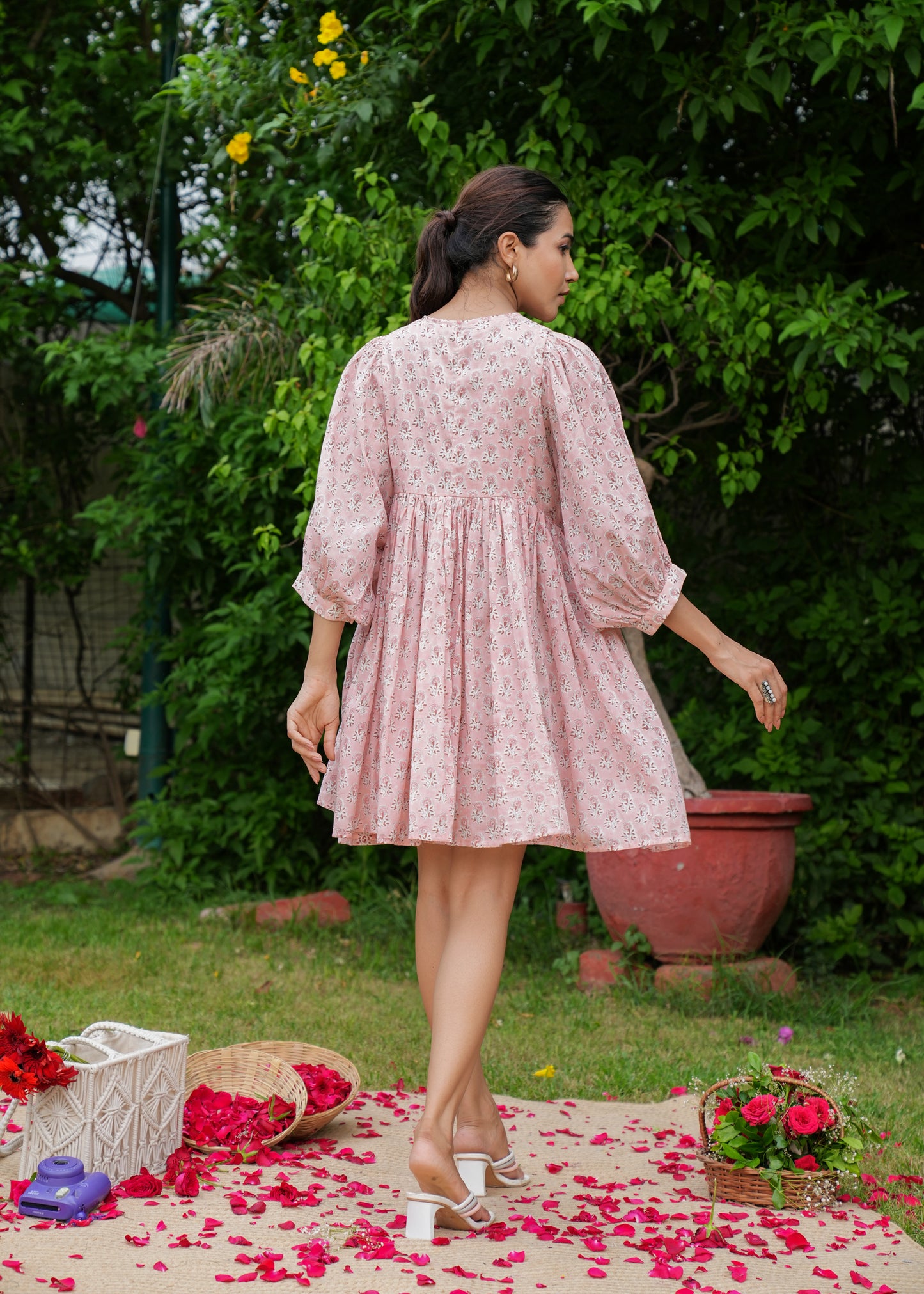 Hand Block Floral Full Sleeves High Neck Handmade Cotton Gathered Short Dress