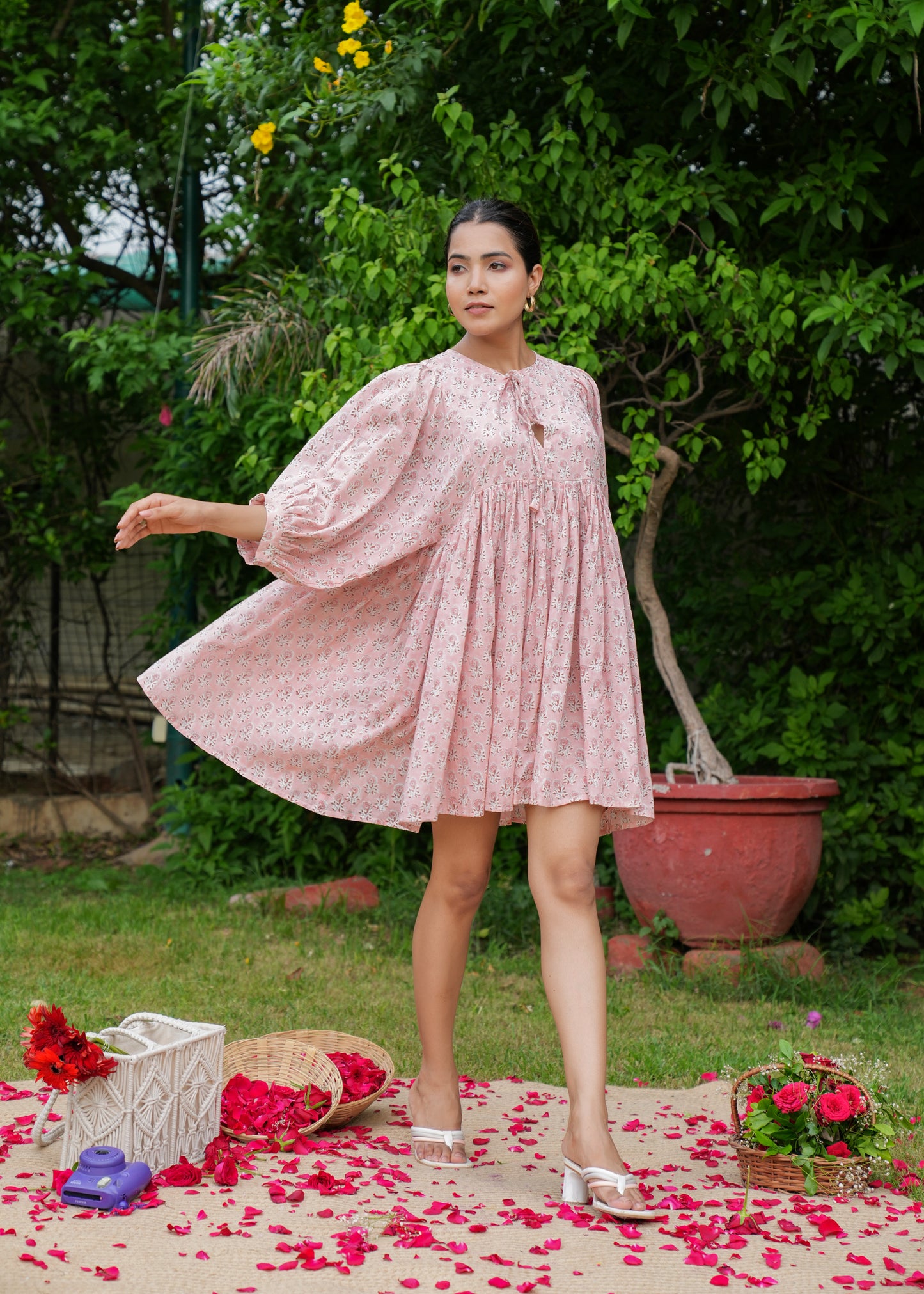 Hand Block Floral Full Sleeves High Neck Handmade Cotton Gathered Short Dress