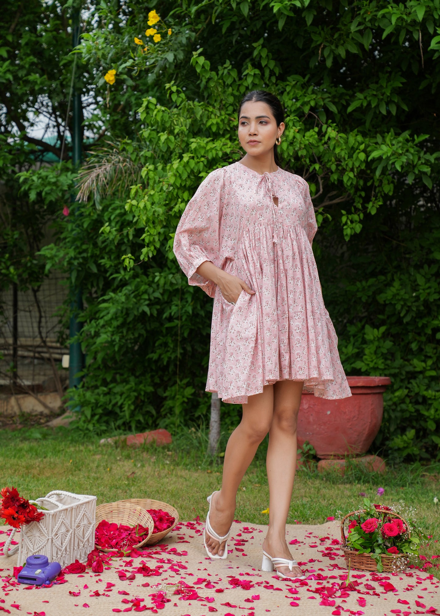 Hand Block Floral Full Sleeves High Neck Handmade Cotton Gathered Short Dress