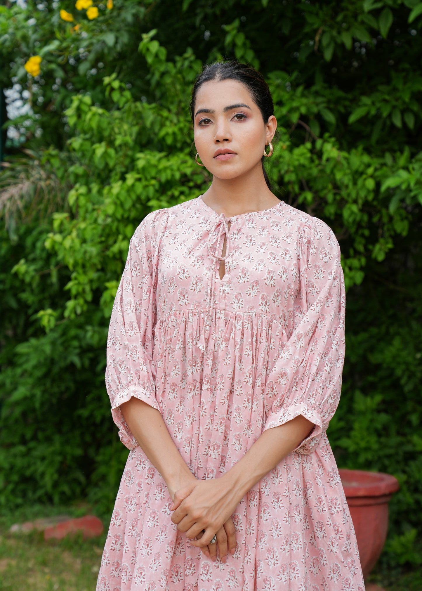 Hand Block Floral Full Sleeves High Neck Handmade Cotton Gathered Short Dress