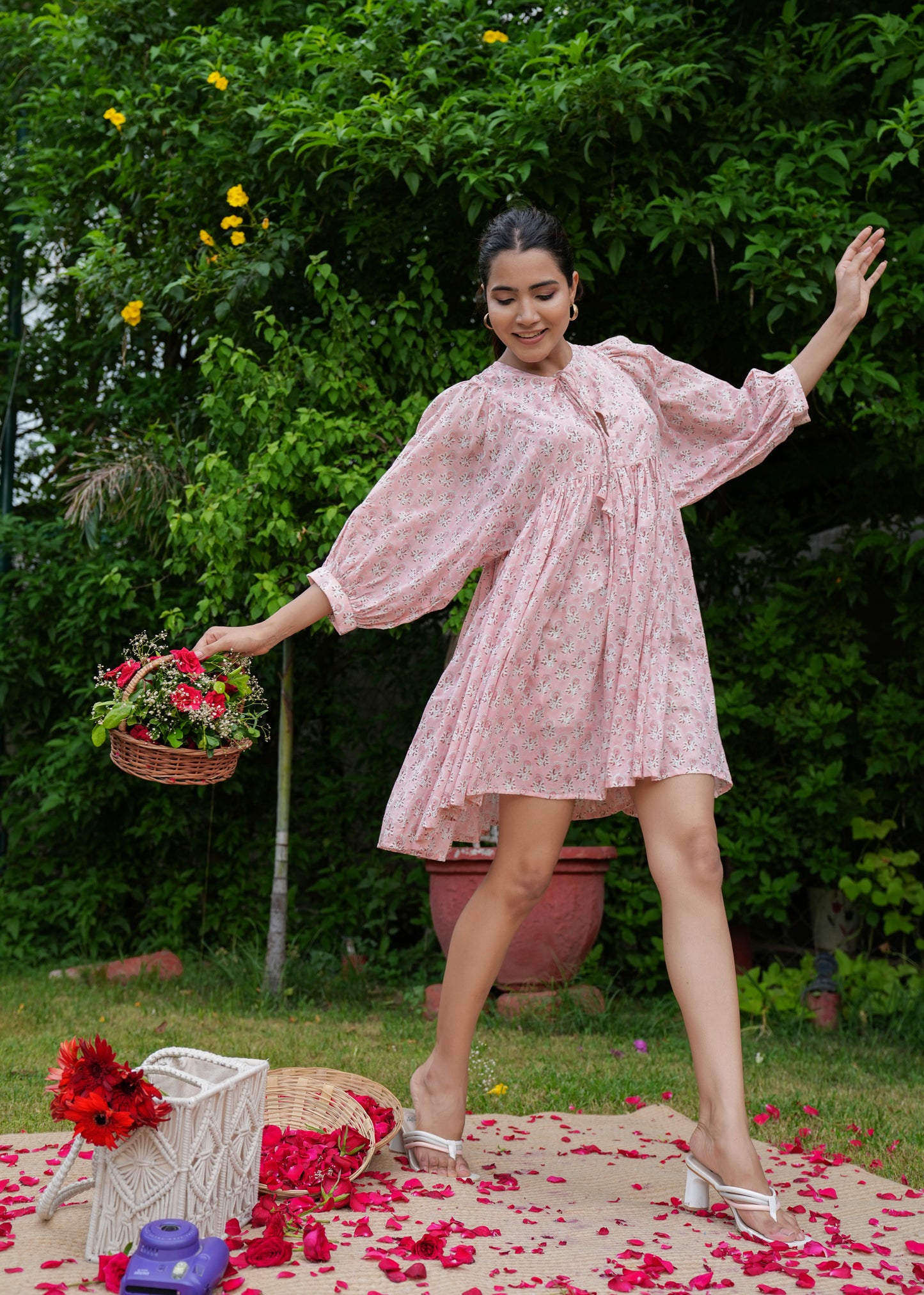 Hand Block Floral Full Sleeves High Neck Handmade Cotton Gathered Short Dress