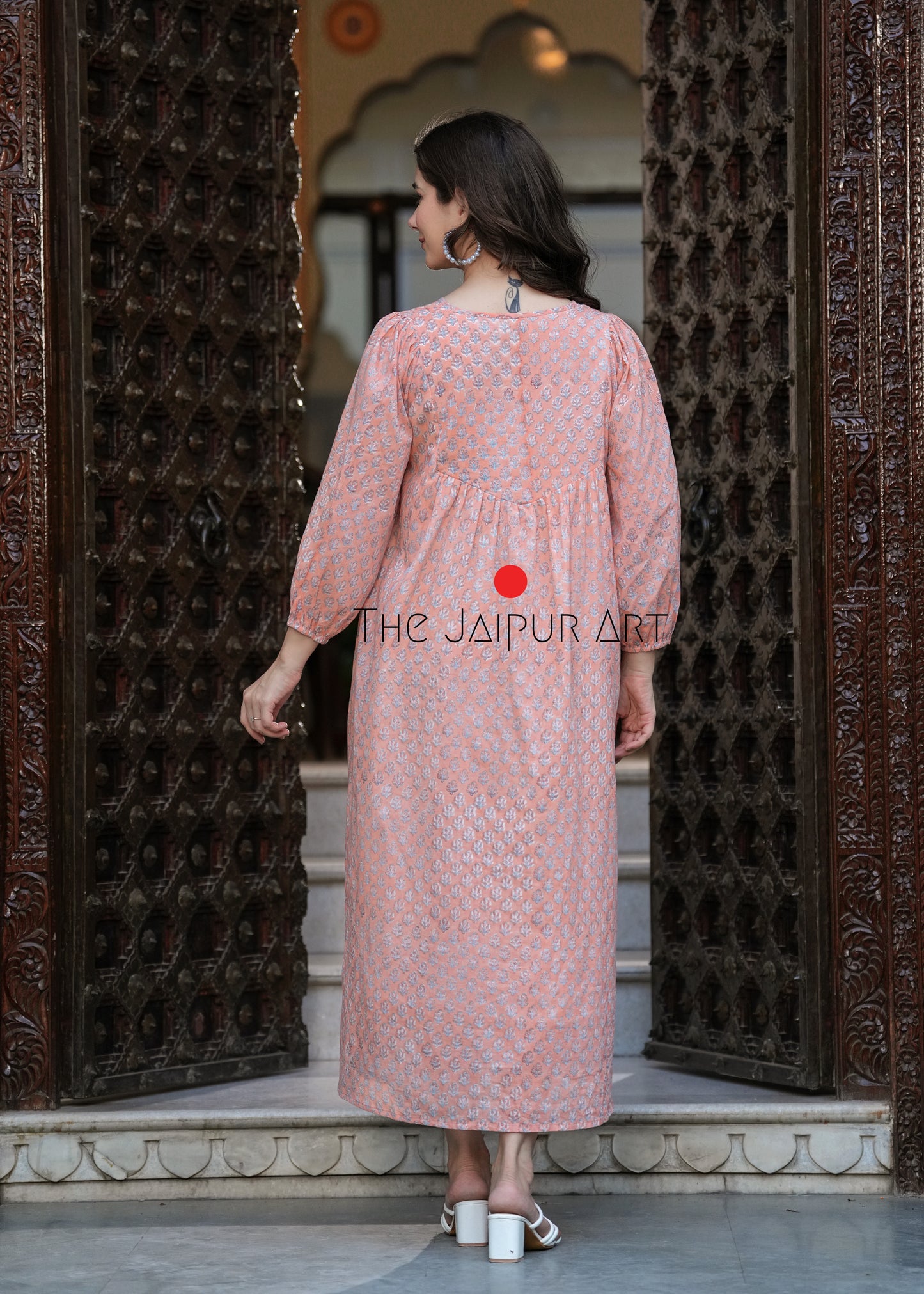 Hand Block Printed V Neck Full Sleeves With Two Pockets Handmade Jaipuri Midi Dress