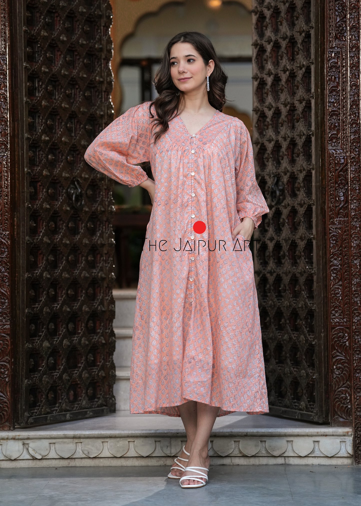 Hand Block Printed V Neck Full Sleeves With Two Pockets Handmade Jaipuri Midi Dress