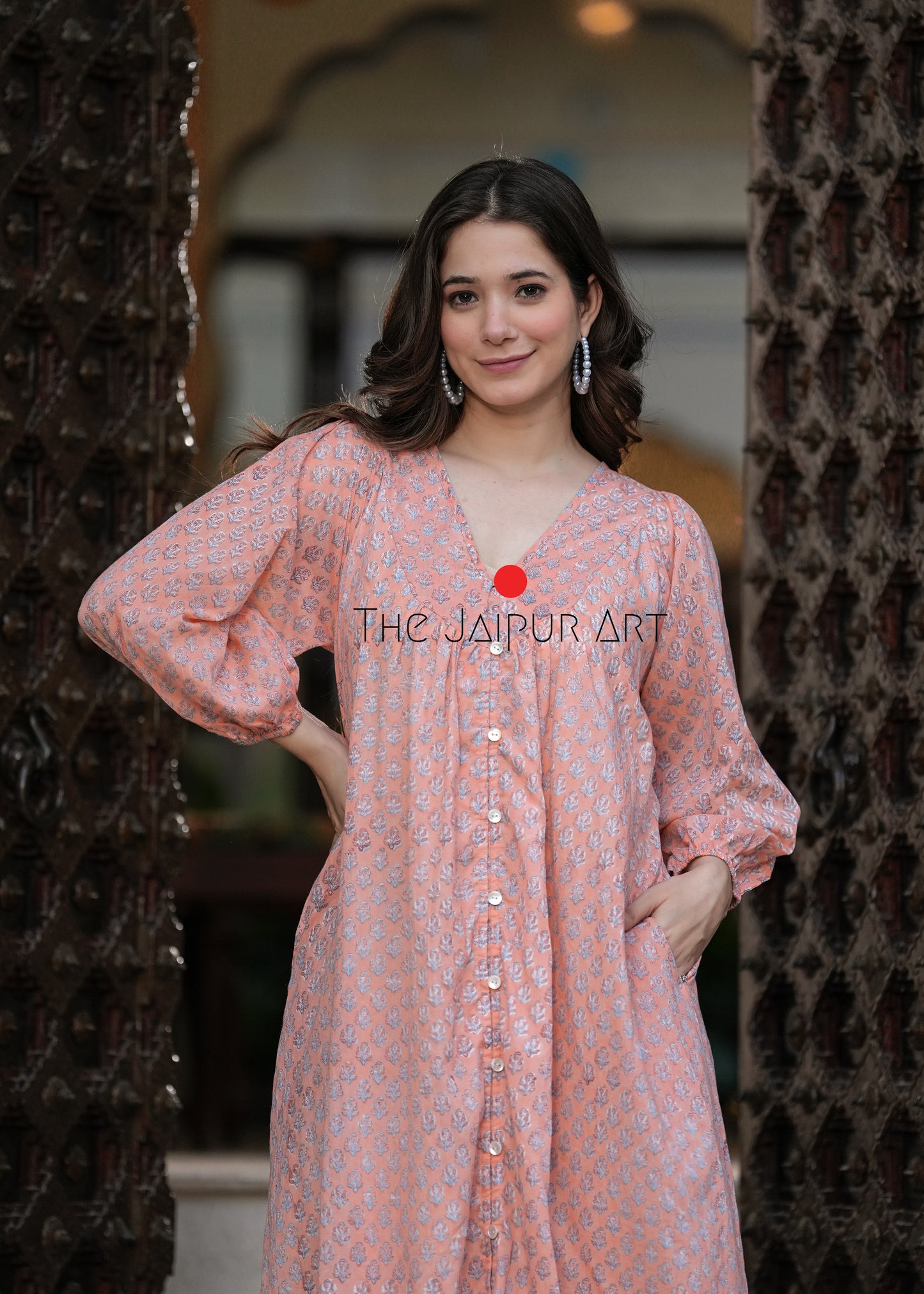 Hand Block Printed V Neck Full Sleeves With Two Pockets Handmade Jaipuri Midi Dress