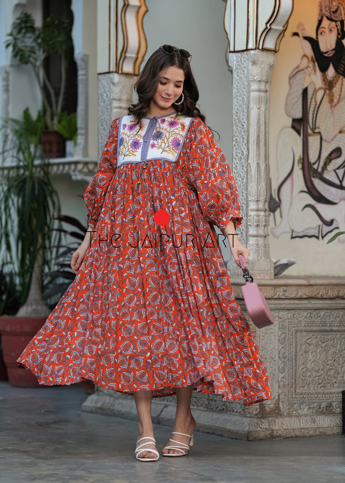 Hand Block Printed Hailey Midi Dress~ Orange