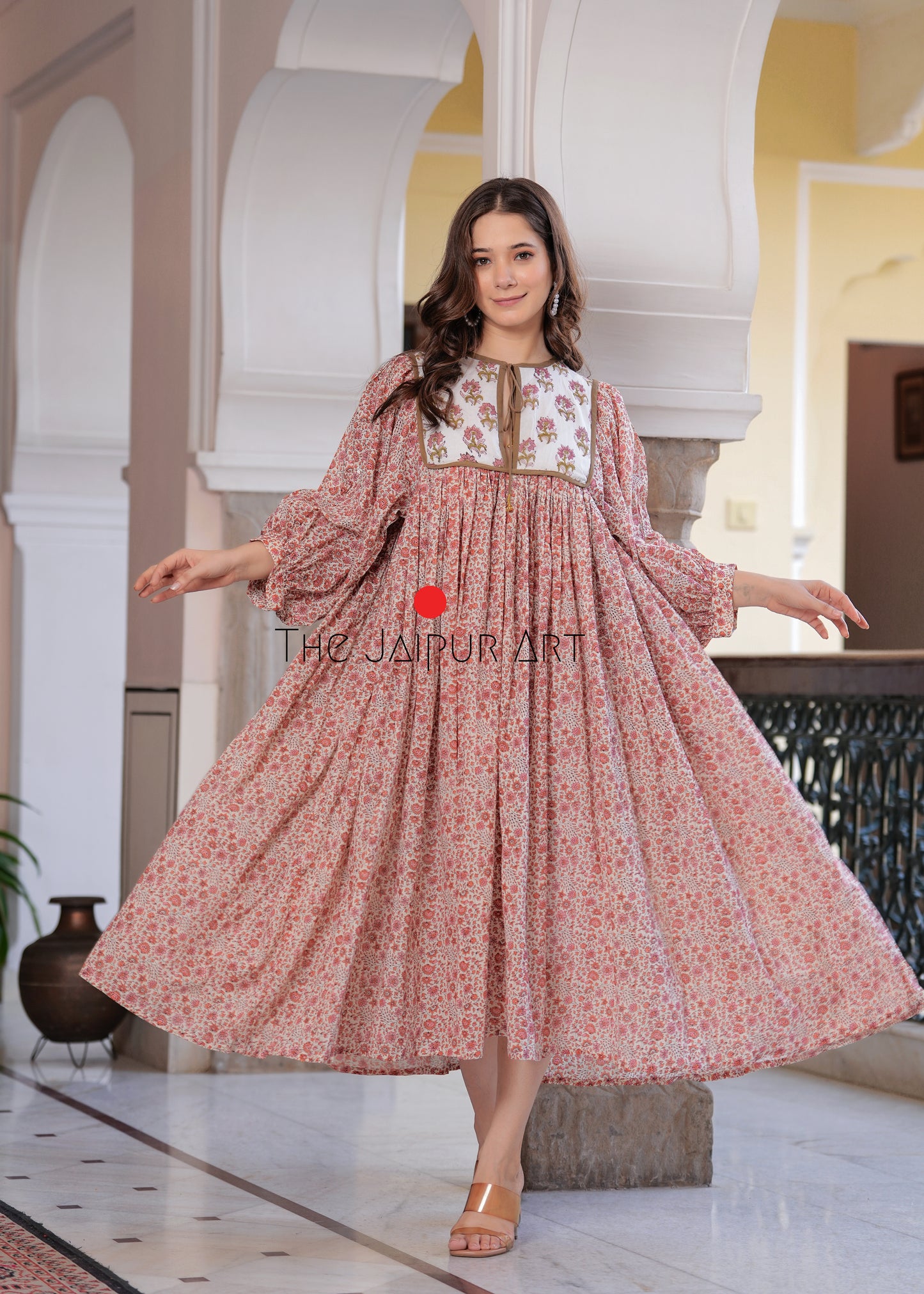 Hand Block Printed Hailey Midi Dress~ Orange