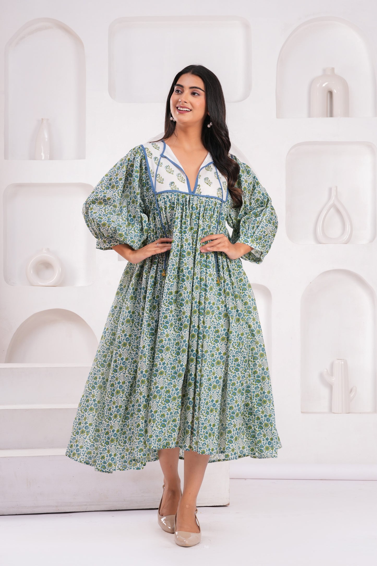 Hand Block Printed Hailey Midi~ Hydrangea
