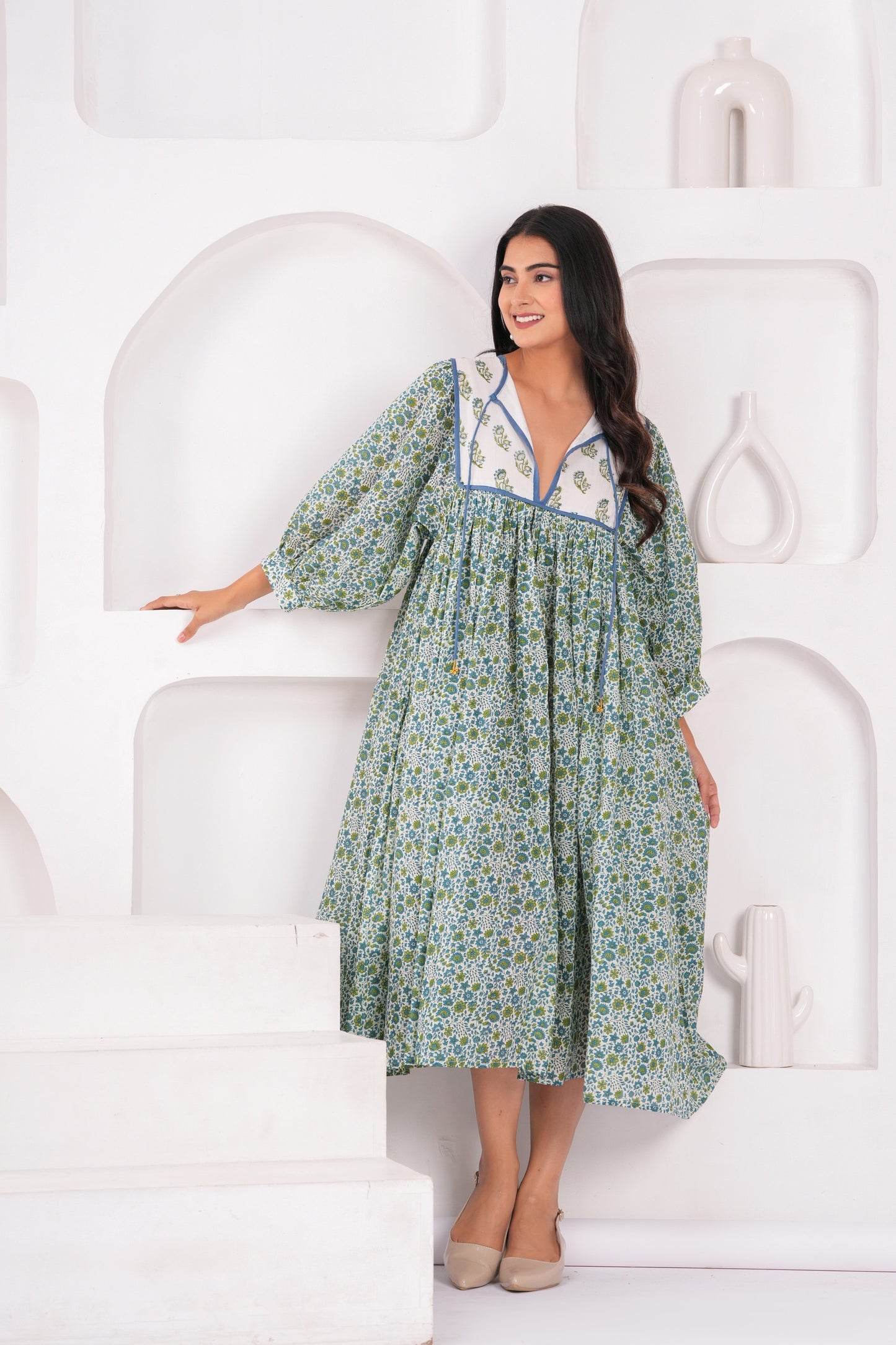 Hand Block Printed Hailey Midi Dress~ Aqua Green