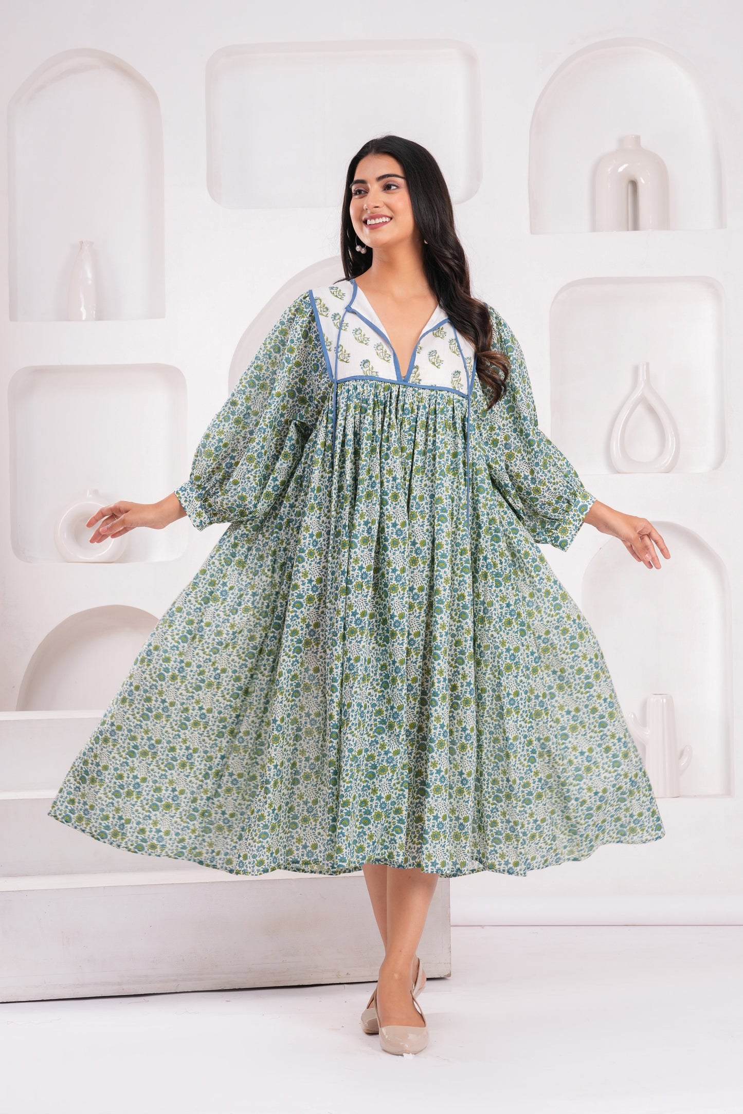 Hand Block Printed Hailey Midi~ Hydrangea