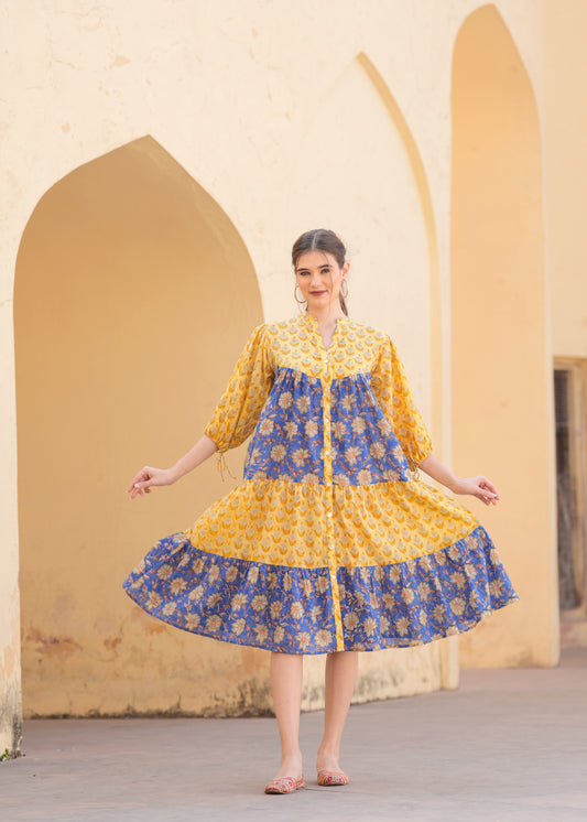 Introducing Beautiful Hand Block printed Yellow Blue Prachi Midi Dress