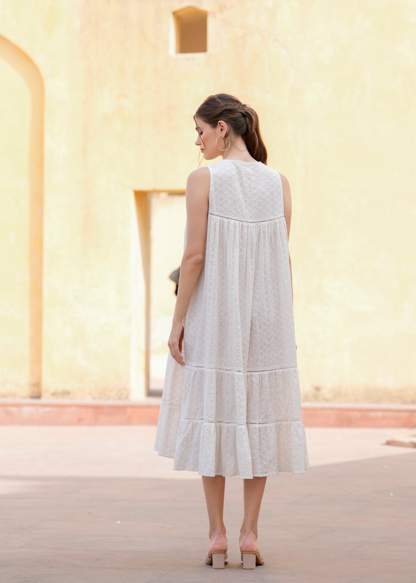 White Cotton Schiffli Women Summer Sleeves Less Midi Dress Handmade Gifts for her Made in India