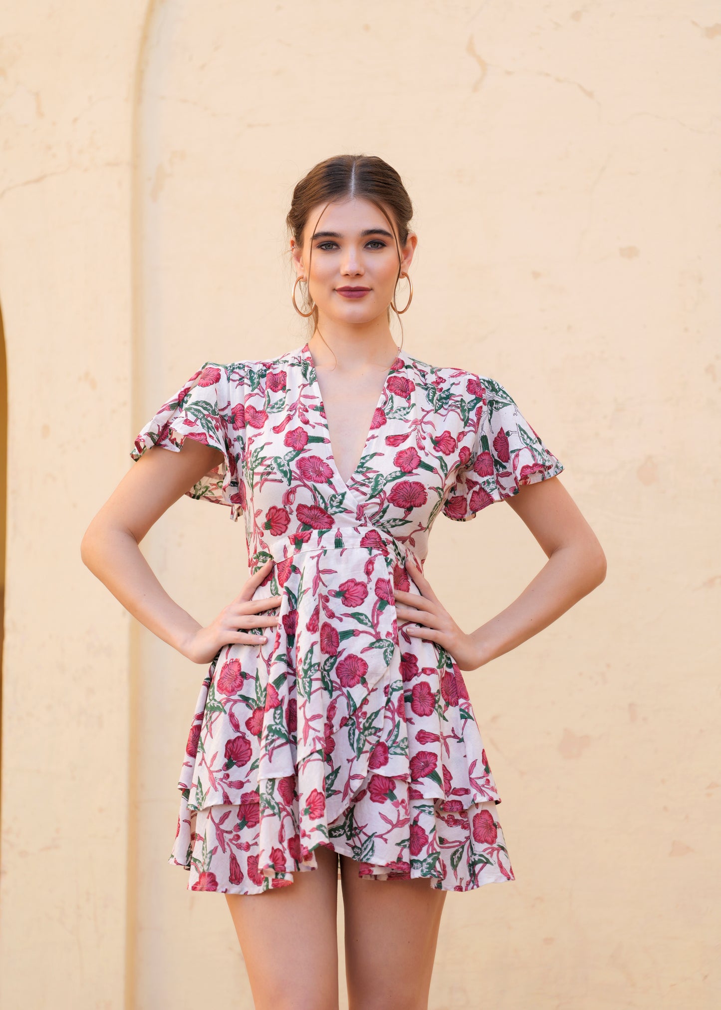 Hand Block Printed Cotton Short Floral Dress for Women