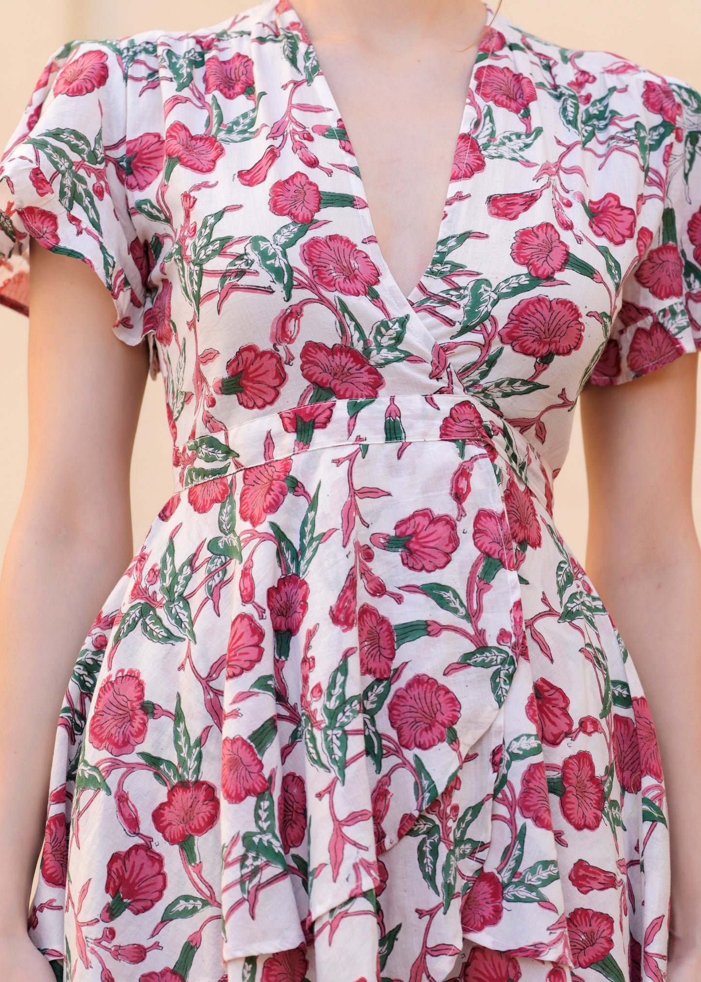 Hand Block Printed Cotton Short Floral Dress for Women