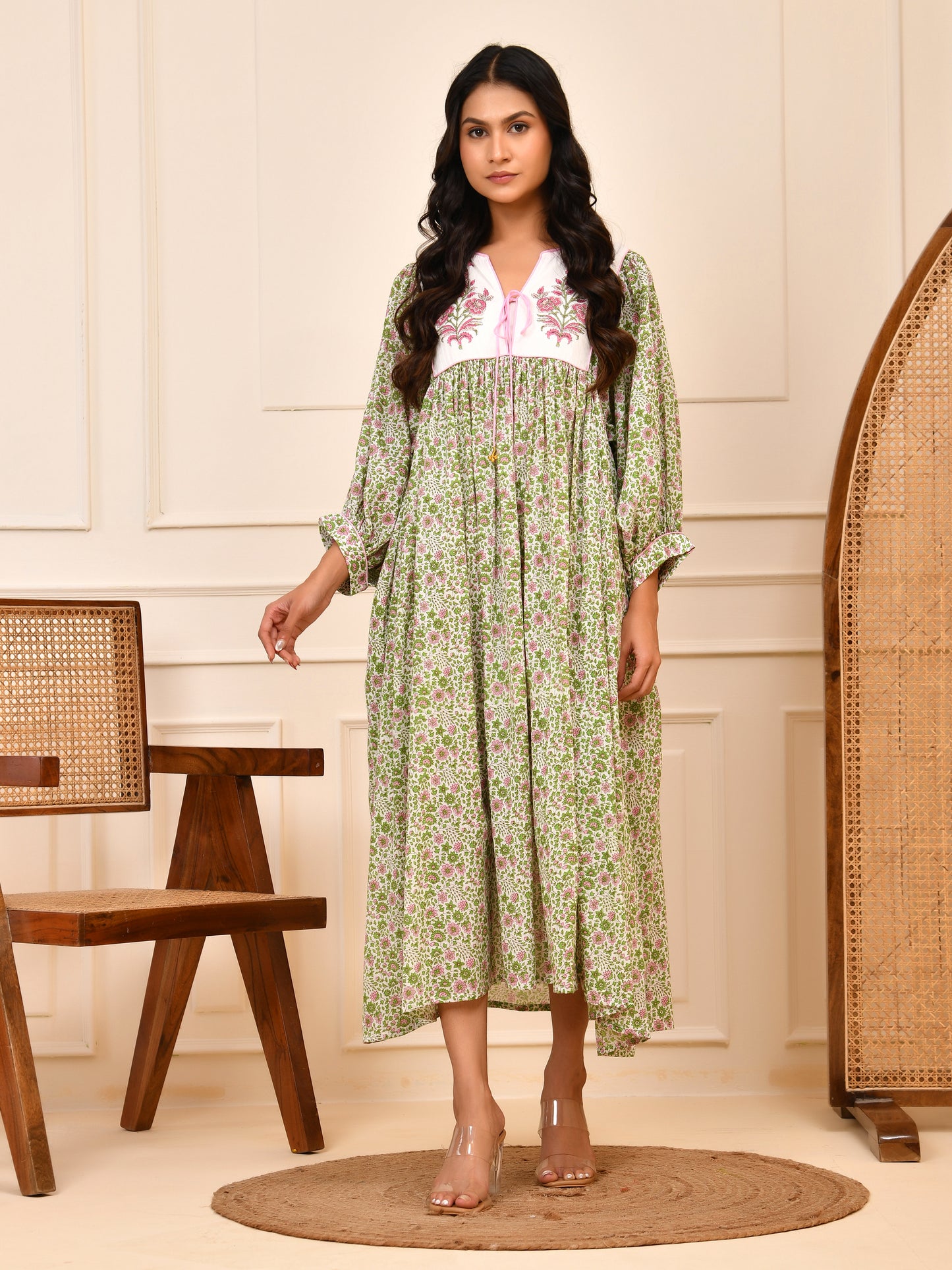 Floral Hand Block Print Cotton Midi Dress with Yoke Detailing