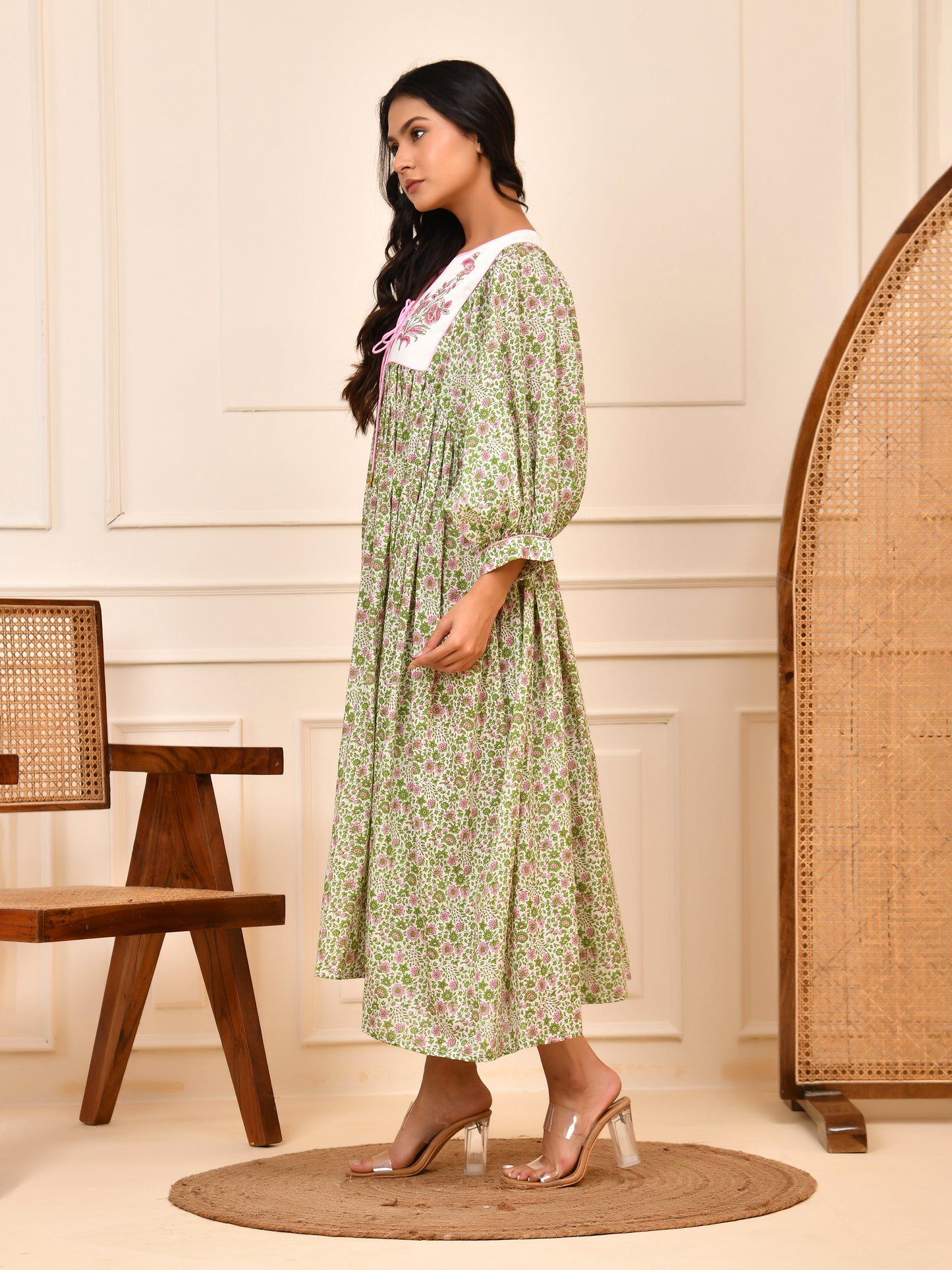 Floral Hand Block Print Cotton Midi Dress with Yoke Detailing